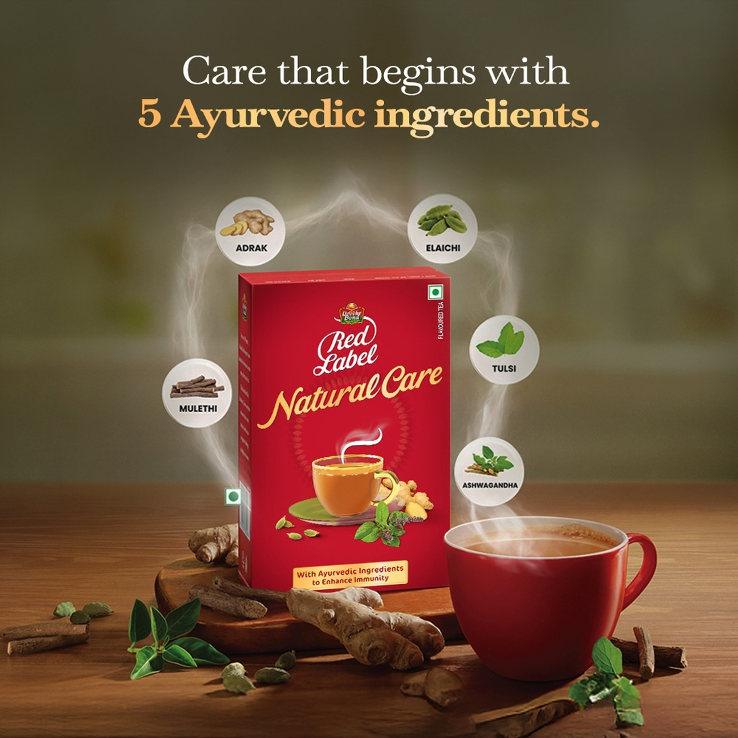 Image of Red Label Natural Care Tea with 5 Ayurvedic Ingredients Ginger, Cardamom, Tulsi, Mulethi, Ashwagandha Black Tea Box