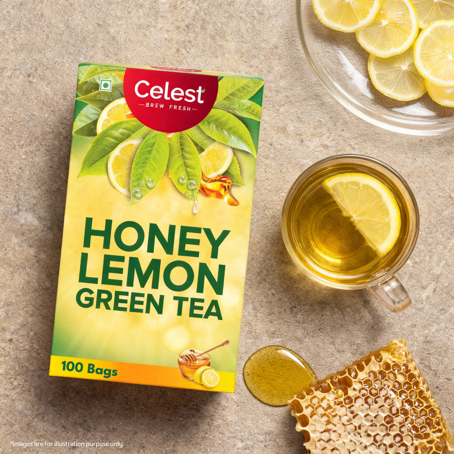Image of Celest Honey Lemon Green, 100 Tea Bags | Green Tea | Honey Lemon Green Tea | Green Tea Bags Box (100 Bags)
