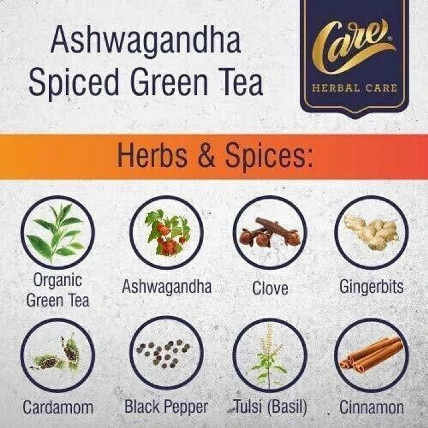 Image of CARE Ashwagandha Spiced Herbal Green Tea | Pack of 100 Tea Bags Black Pepper, Cardamom, Cinnamon, Cloves, Ginger, Tulsi Green Tea Bags Box