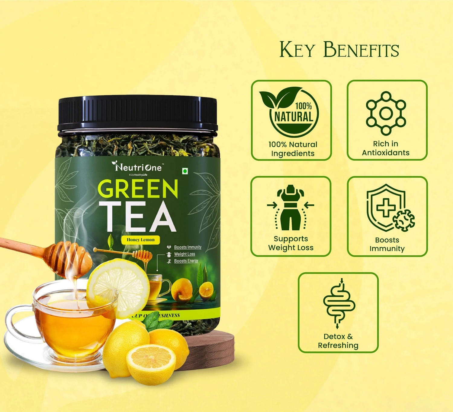 Image of NeutriOne Honey & Lemon Green Tea Loose Leaf for Weight Loss | 100% Natural & Refreshing Honey, Lemon Green Tea Mason Jar (100 g)