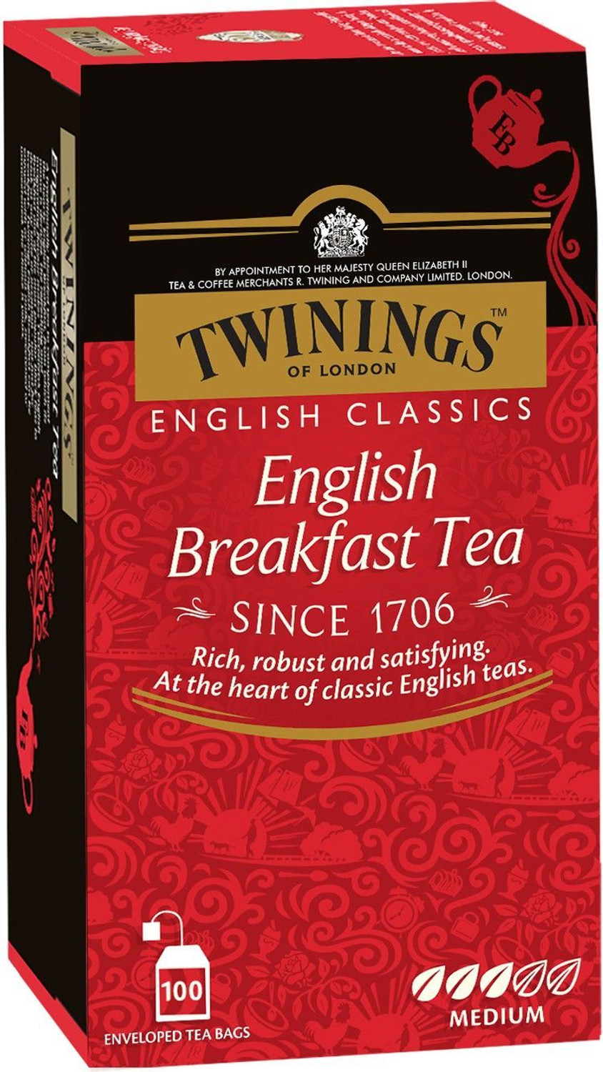 Image of TWININGS English Breakfast Tea, Premium, English Classic Range, Medium Strength, Rich Flavour Black Tea Bags Box