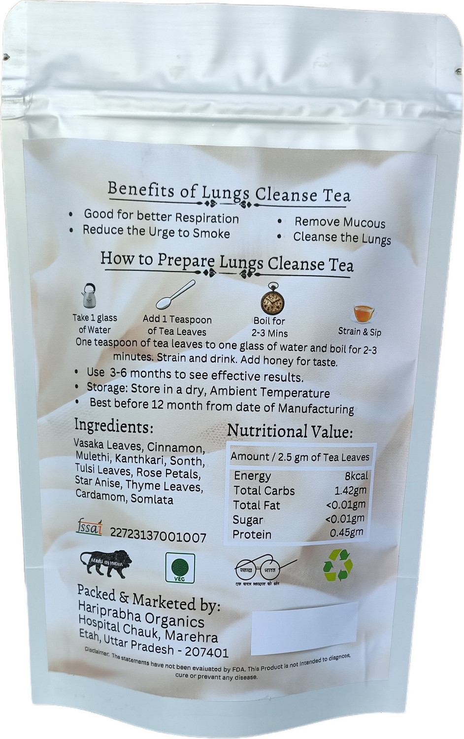 Image of Nutriveda Foods Lungs Cleanse Tea Cinnamon, Cardamom, Mulethi Herbal Tea Pouch