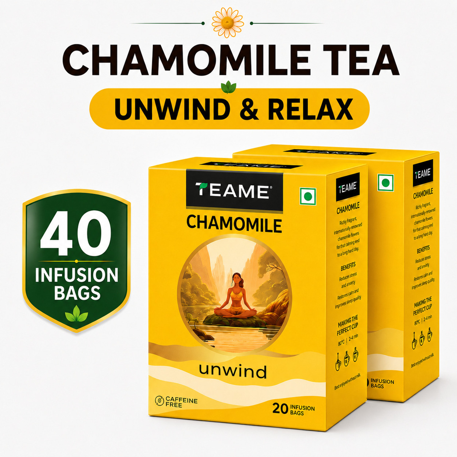 Image of TE-A-ME Chamomile Tea, 40 Tea Bags | Chamomile Tea Bags | 100% Chamomile Flower | Herbal Tea Bags Box