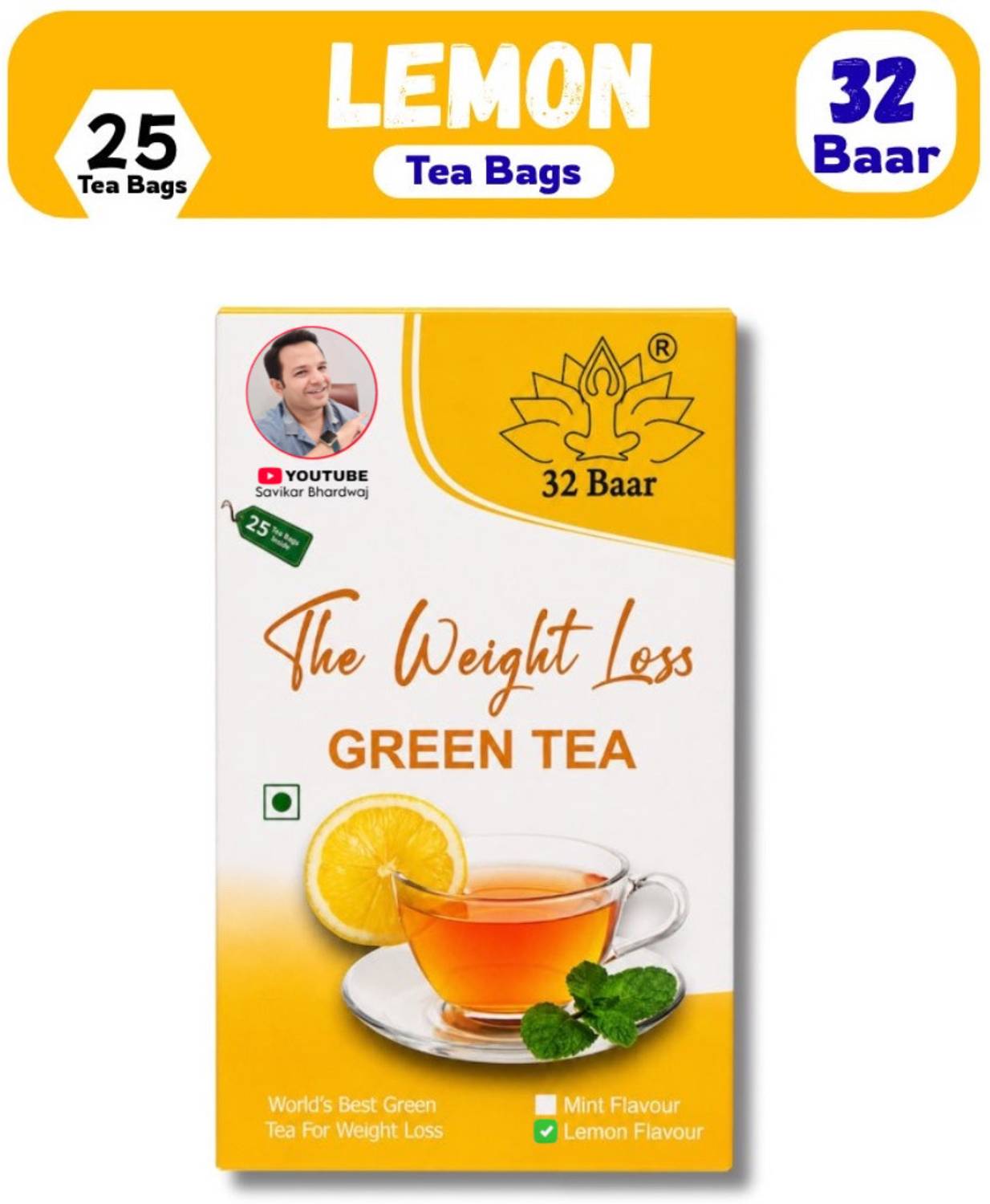 32 Baar Lemon Flavour Tea Bag Green Tea Bags Box