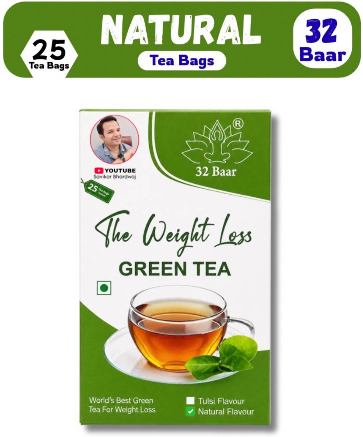 32 Baar NATURAL TEA BAG[25 TEA BAGS] Green Tea Bags Box