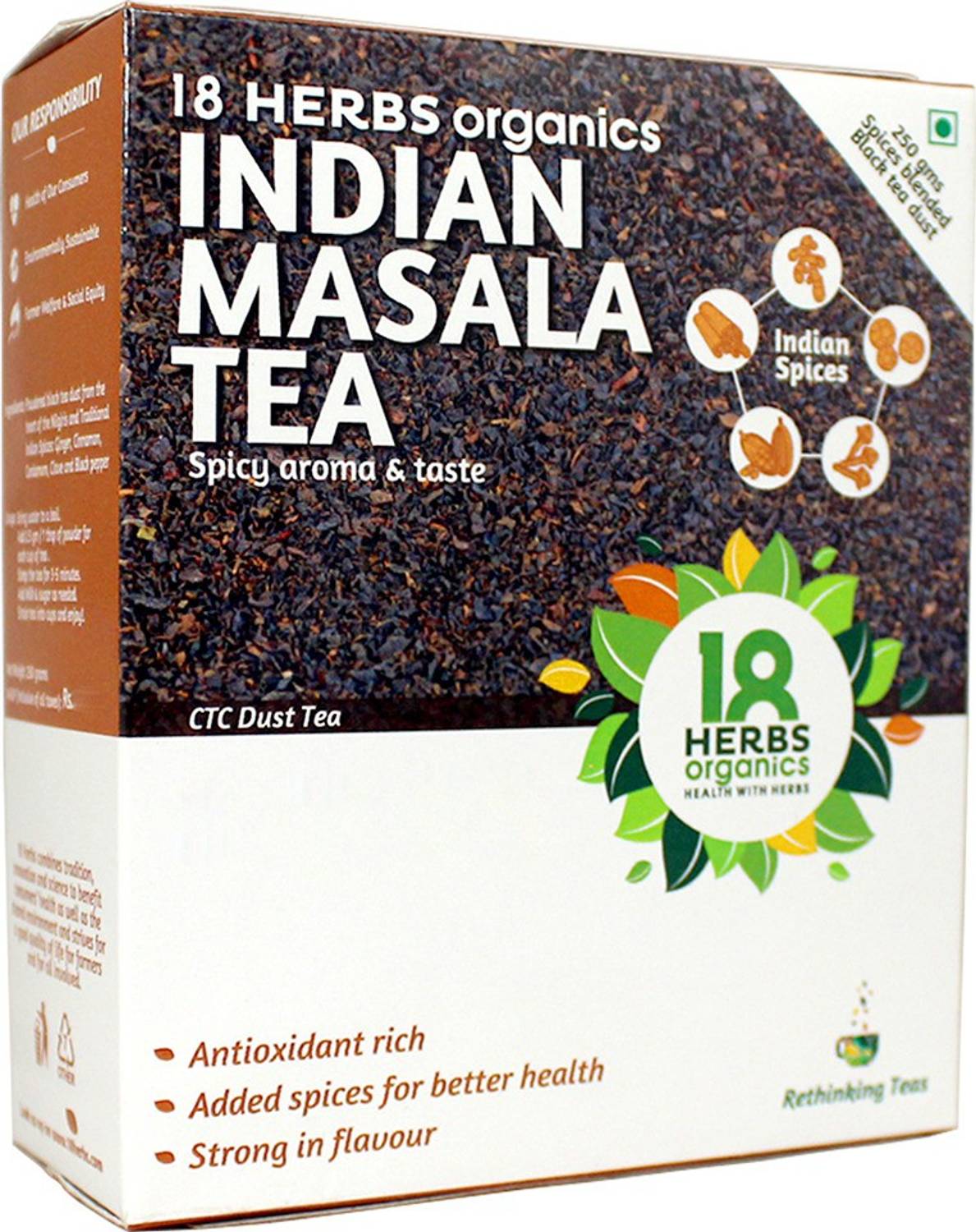 18 Herbs Organics Indian Masala Tea Powder,250gm for Regulate Blood Sugar, Treat Cold, Cough&Flu - Spices Masala Tea Box