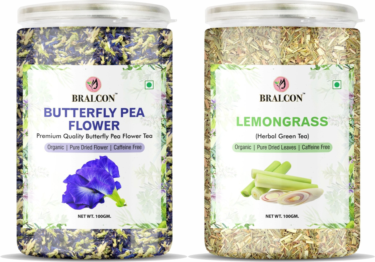 Image of BRALCON Organic Butterfly Pea Flower Tea, Lemongrass Tea Combo Pack 100g Each| Herbal Tea Plastic Bottle