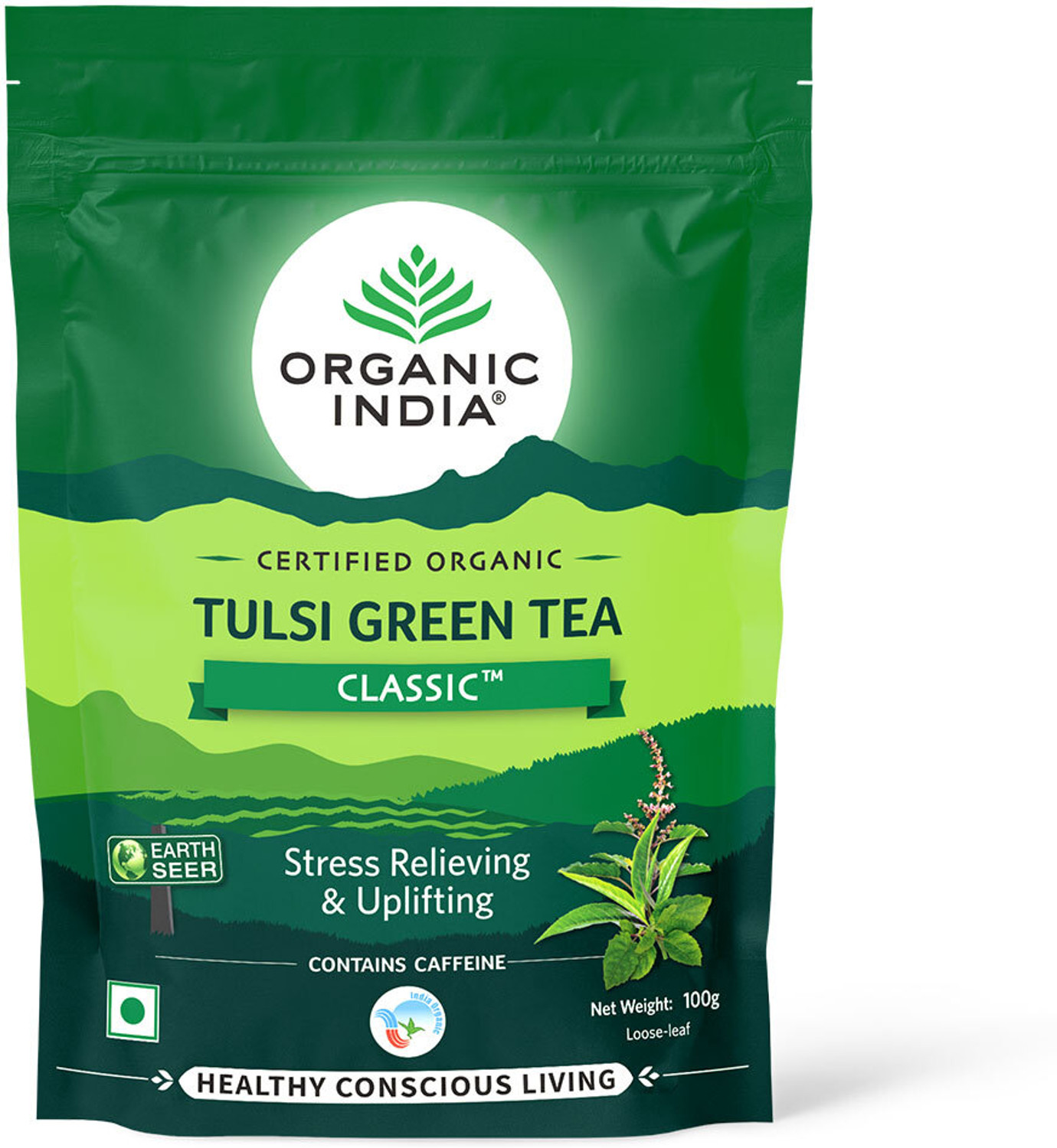 Image of ORGANIC INDIA Pack of 2 Tulsi Green Tea Classic 100 gm zipper Ginger Green Tea Pouch