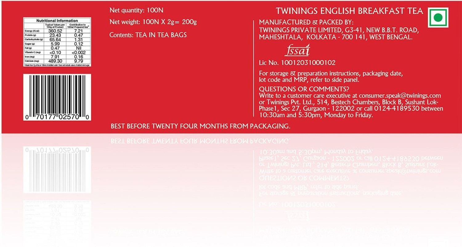 Image of TWININGS English Breakfast Tea, Premium, English Classic Range, Medium Strength, Rich Flavour Black Tea Bags Box