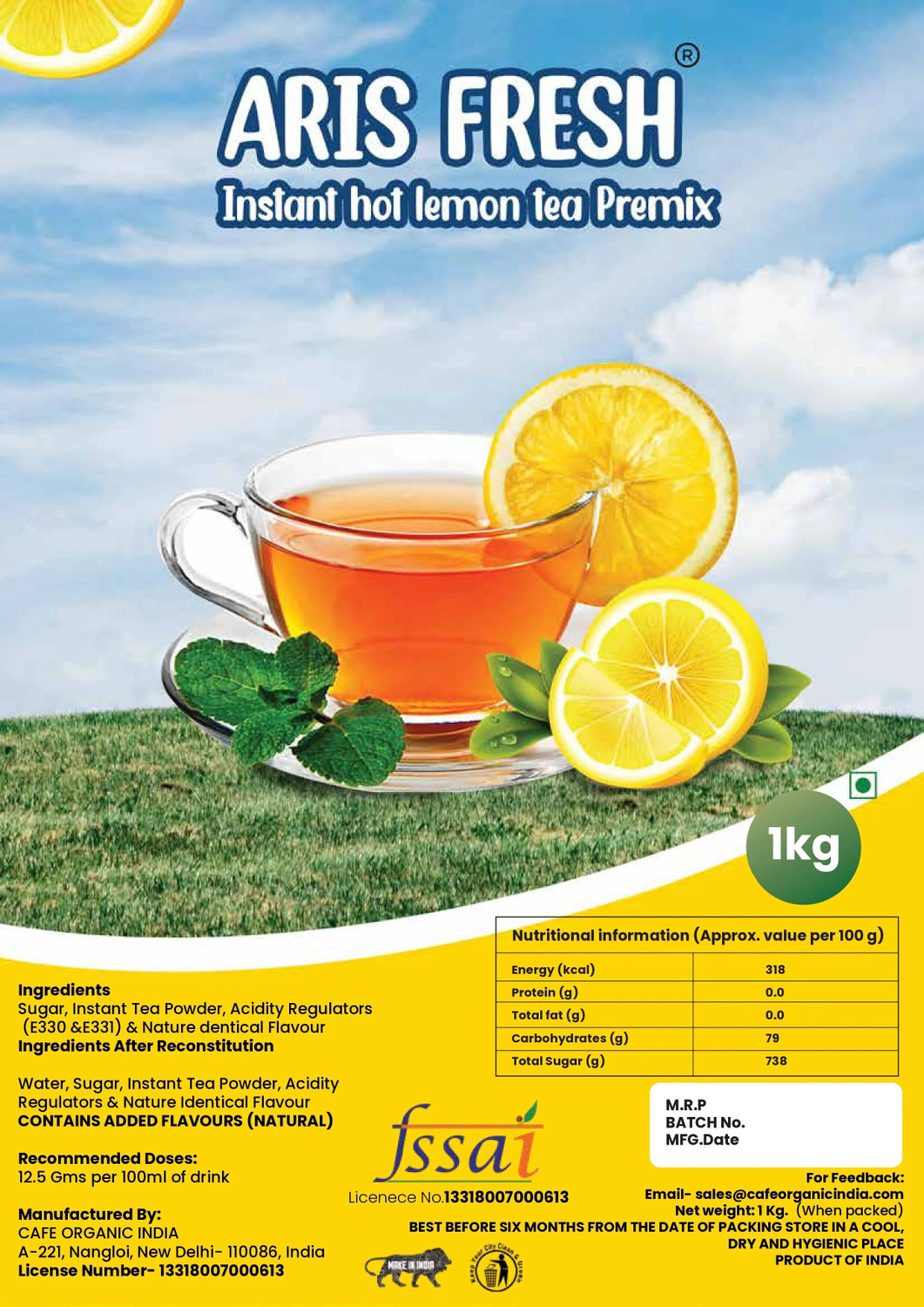 Image of Aris fresh Hot lemon tea premix 1 kg Lemon Instant Tea Pouch