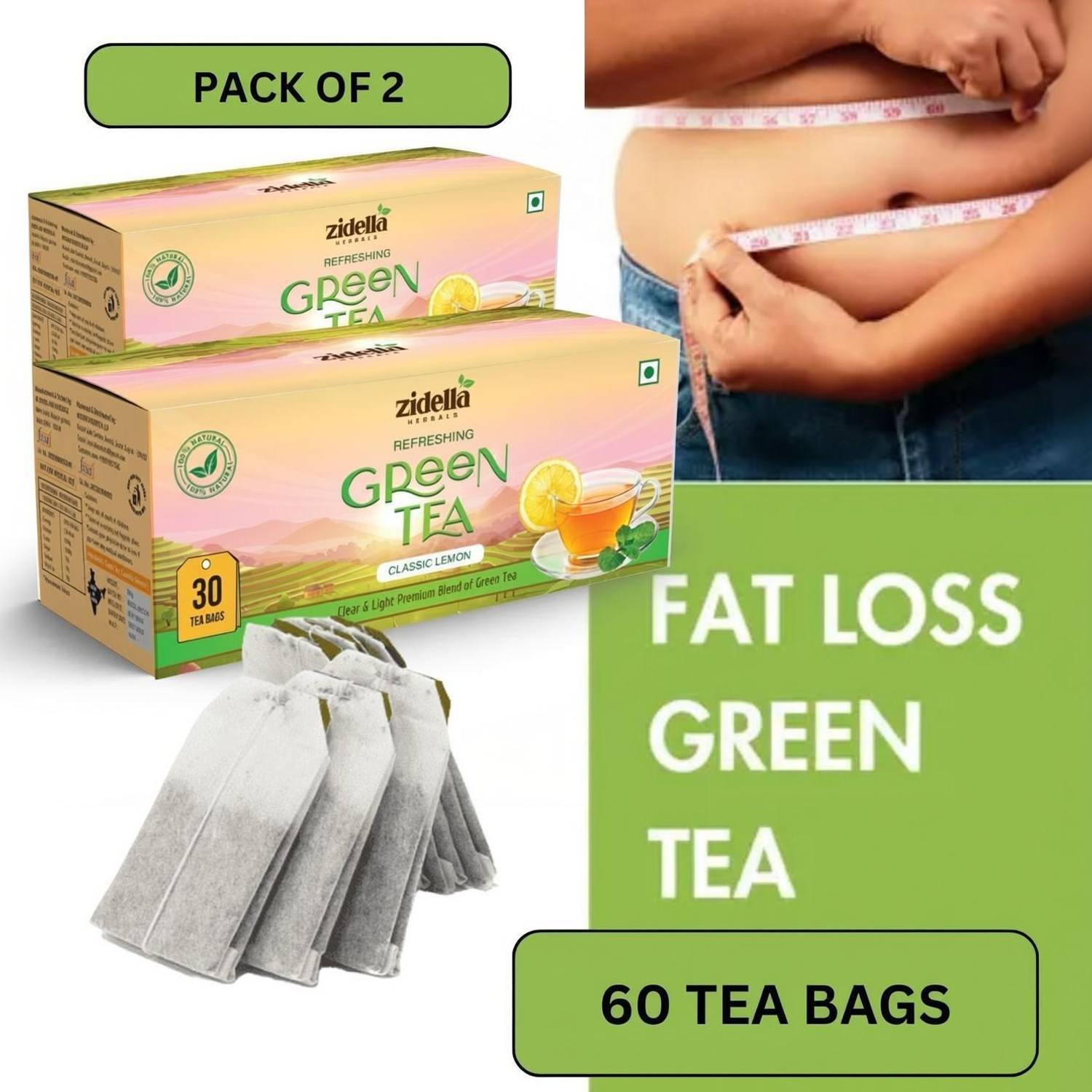 Zidella Herbals Weight Loss Green Tea | Immunity Booster - Slimming Tea - Detox Tea ( Lemon ) Lemon Green Tea Bags Box