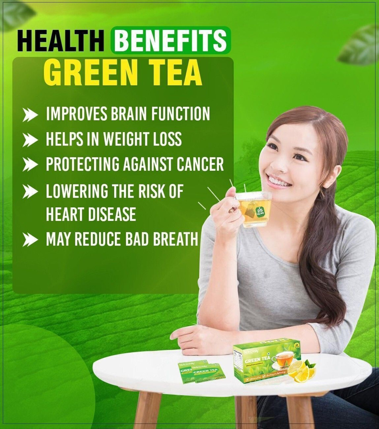 Image of NutroVally for weight loss & Build Immunity | Premium tea leaves with Active Ingredients Lemon Green Tea Bags Box