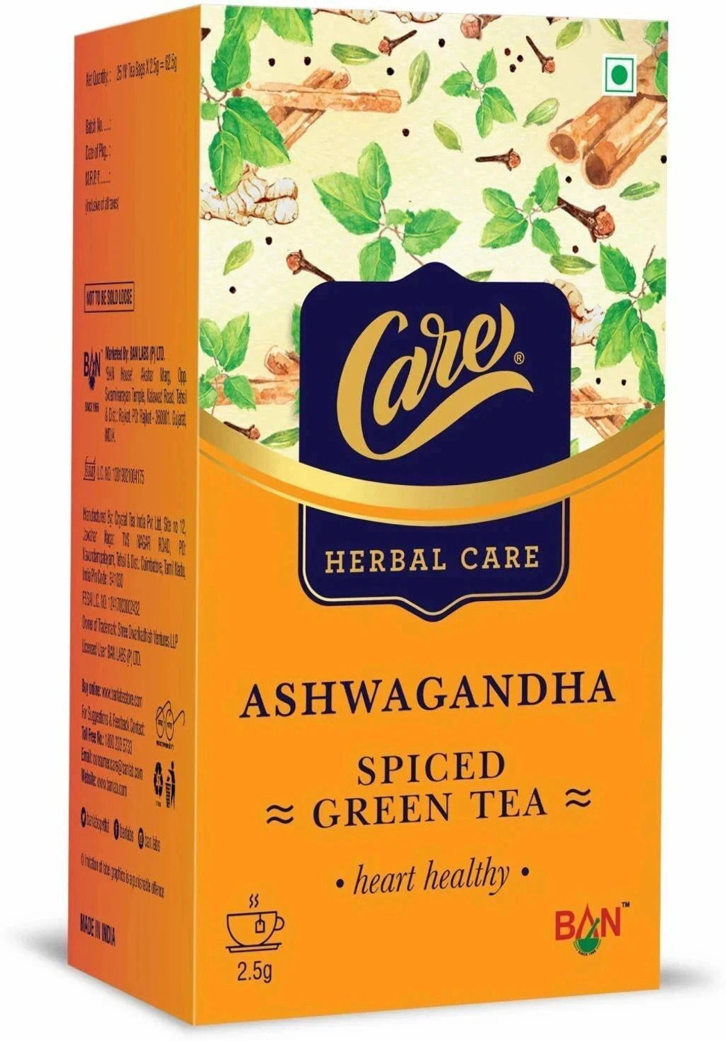 Image of CARE Ashwagandha Spiced Green Tea 2 Black Pepper, Cardamom, Cinnamon, Cloves, Ginger, Tulsi Herbal Tea Bags Box