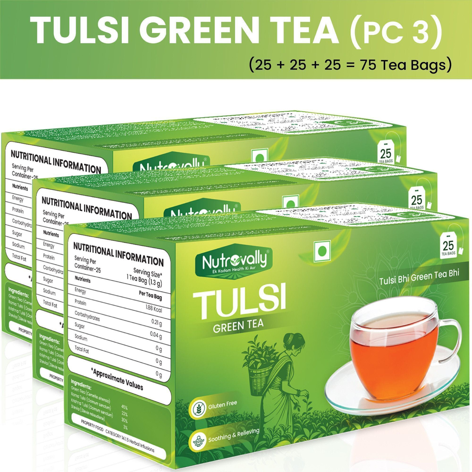 Image of NutroVally Green Tea Tulsi for Weight Loss | Anti-Oxidants Rich Immunity Booster Tulsi Green Tea Bags Box