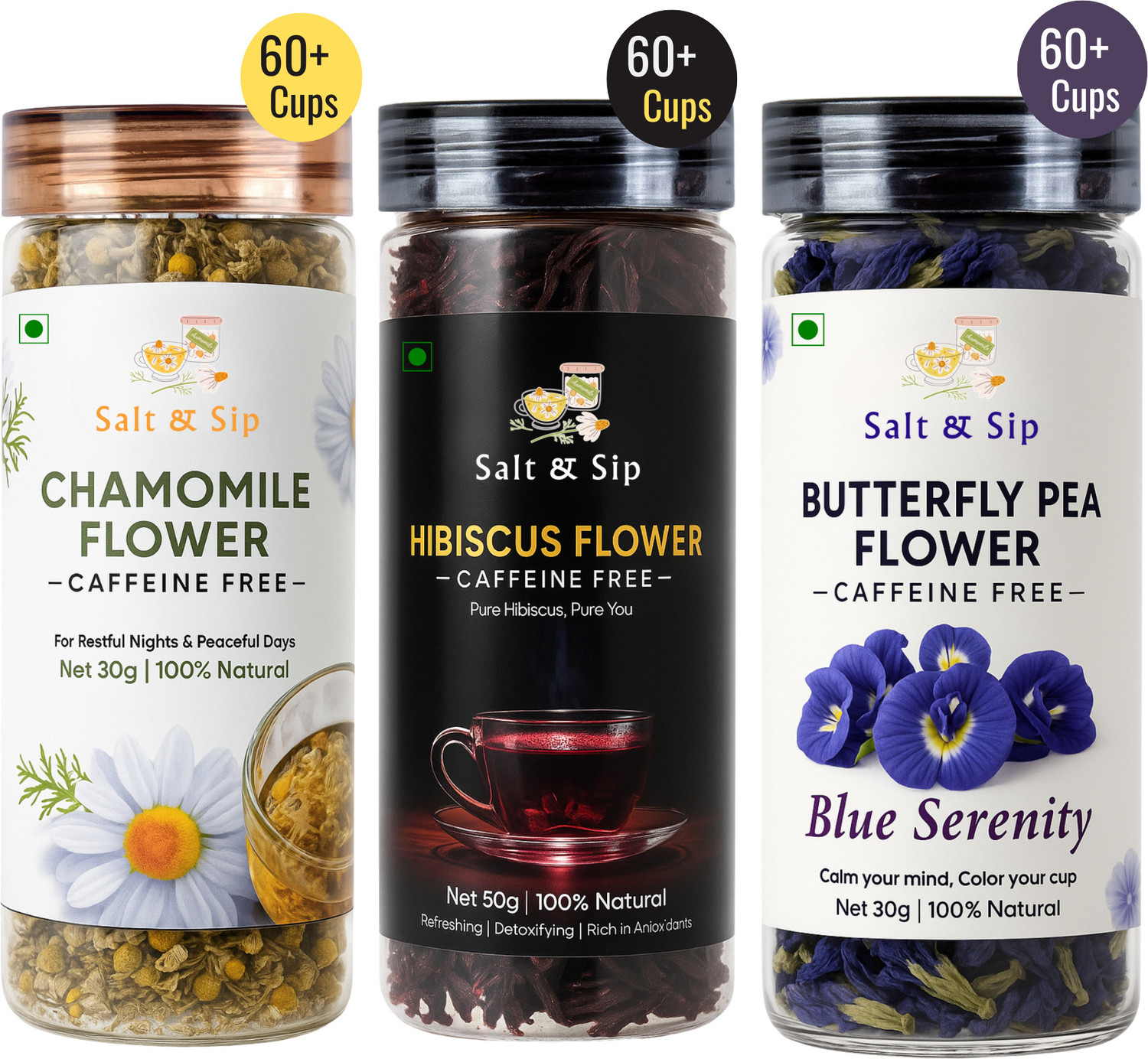Image of Salt & Sip 3 in 1 Combo | Chamomile Tea 30g, Hibiscus Tea 50g, Butterfly Pea Flower Tea 30g Chamomile, Hibiscus Herbal Tea Plastic Bottle