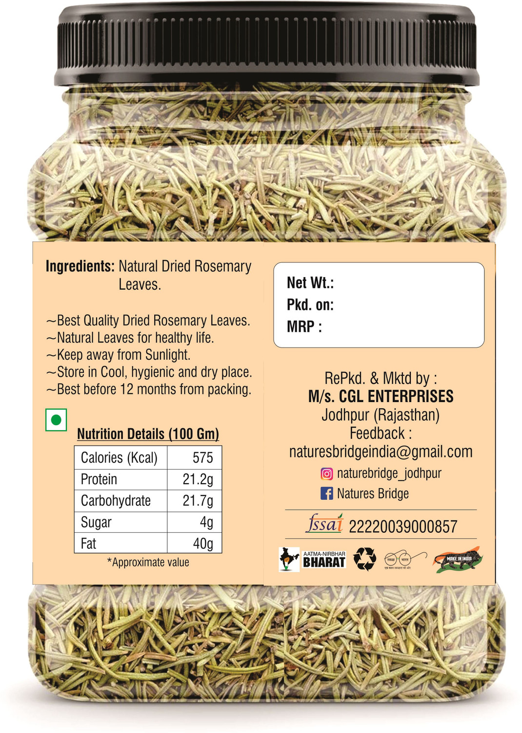 Image of Nature's Bridge Rosemary Dried Leaves | Dry Rosemary - For Hair Growth & Rosemary Tea 50 Gm Jar Unflavoured Herbal Infusion Tea Plastic Bottle