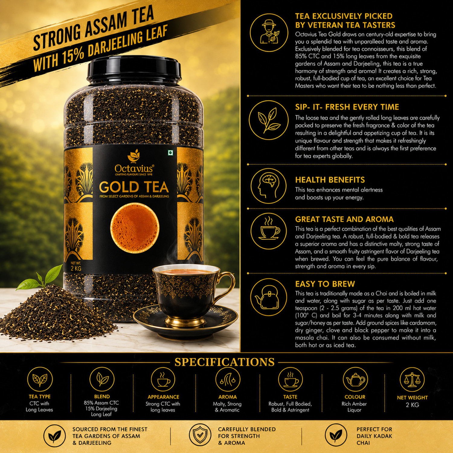 Image of Octavius Gold Tea 2kg Jar | Assam CTC & 15% Darjeeling Long Leaf Blend Black Tea Plastic Bottle (2 kg)