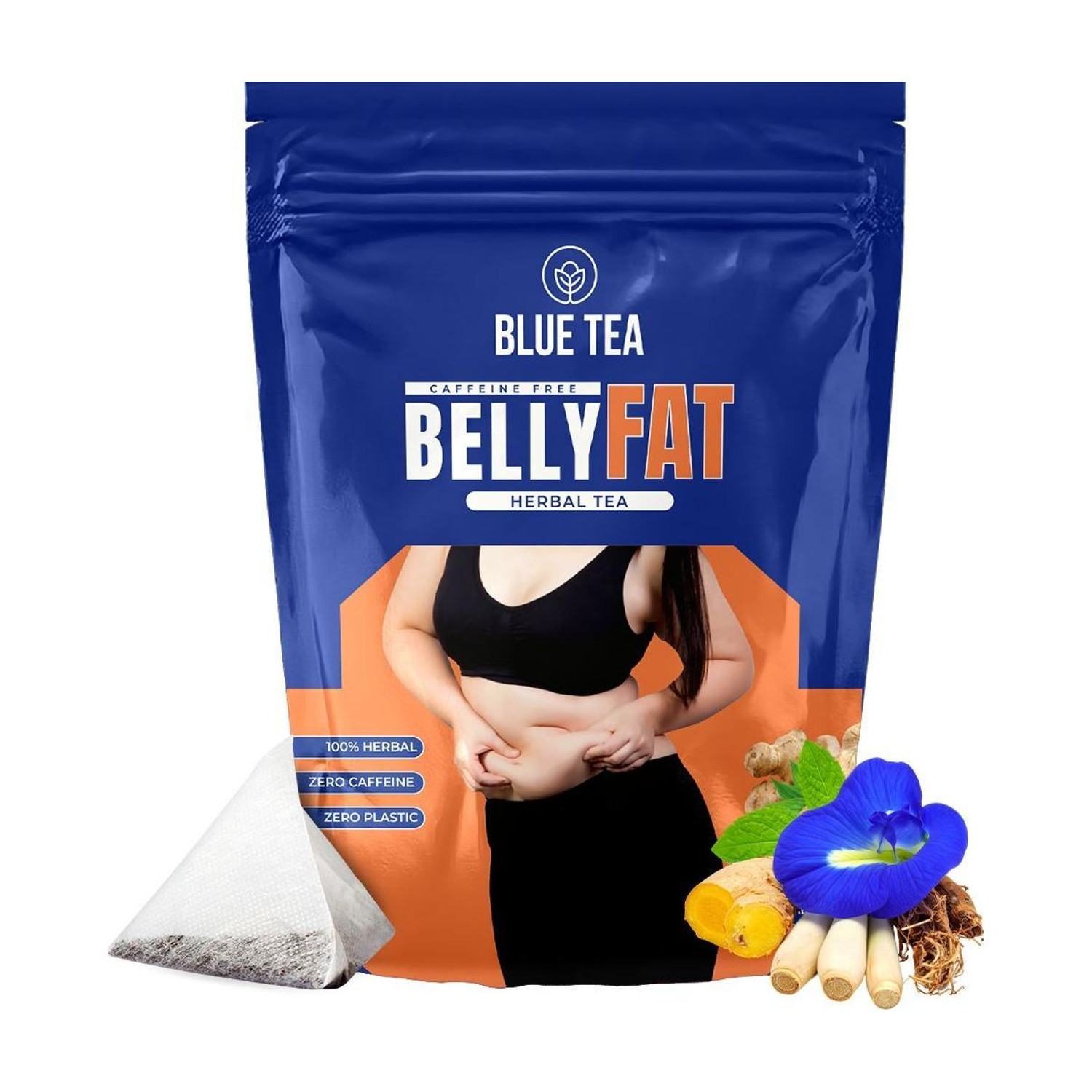 Image of BLUE TEA Belly Fat Tea | Fat Loss, Manage Weight, Flatter Tummy, Slim Belly Caffeine Free Ginger Herbal Tea Bags Pouch (30 Bags)