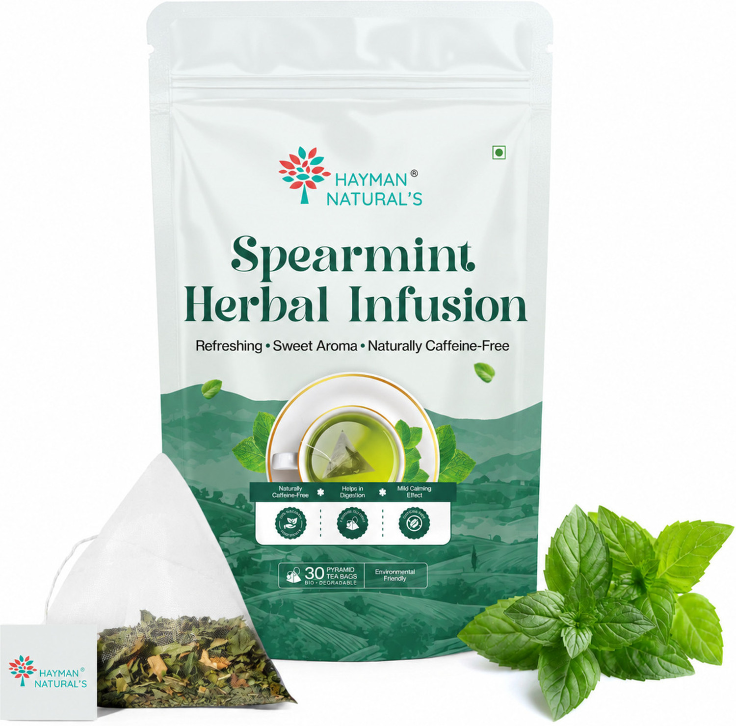 Image of HAYMAN NATURAL'S Spearmint Herbal Infusion |PCOS Relief, Balance Hormones|30 Pyramid Herbal Tea Bags Pouch (30 Bags)