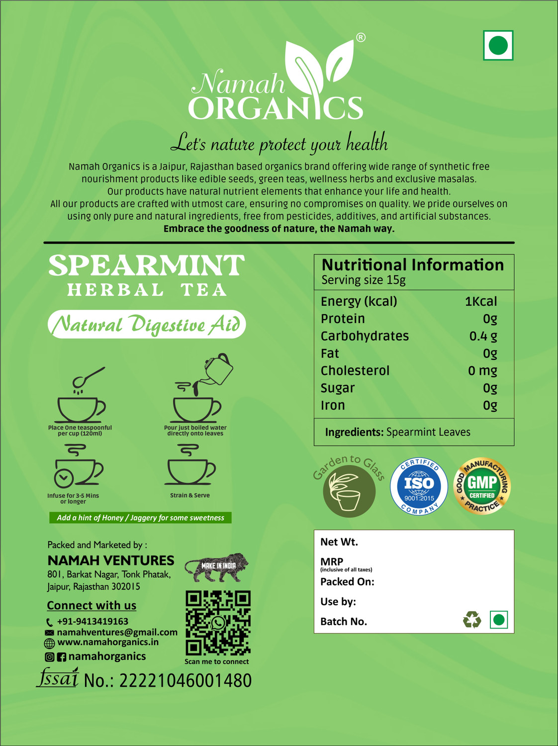 Image of Namah Organics Pure Spearmint Herbal Tea Leaves 100% Natura,lRich in antioxidants for PCOD /PCOS Mint Herbal Tea Vacuum Pack