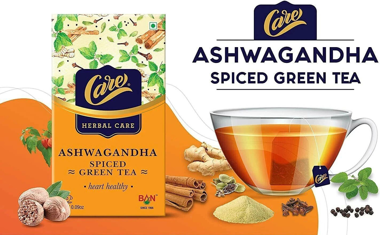 Image of CARE Ashwagandha Spiced Green Tea 2 Black Pepper, Cardamom, Cinnamon, Cloves, Ginger, Tulsi Herbal Tea Bags Box