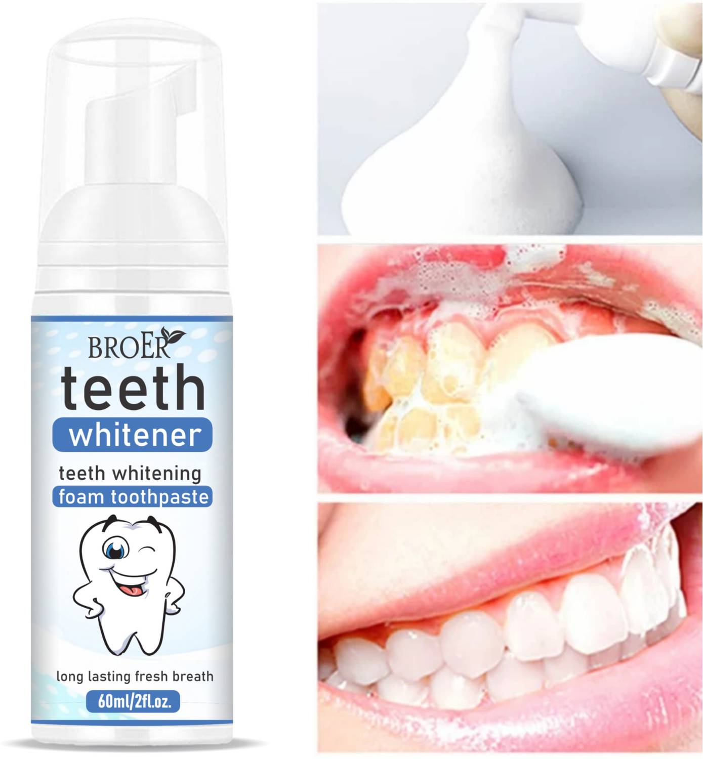 BROER 2 in 1 Teeth Whitening Mousse Foam To Deep Cleaning Gums, Stain Removal Teeth Whitening liquid