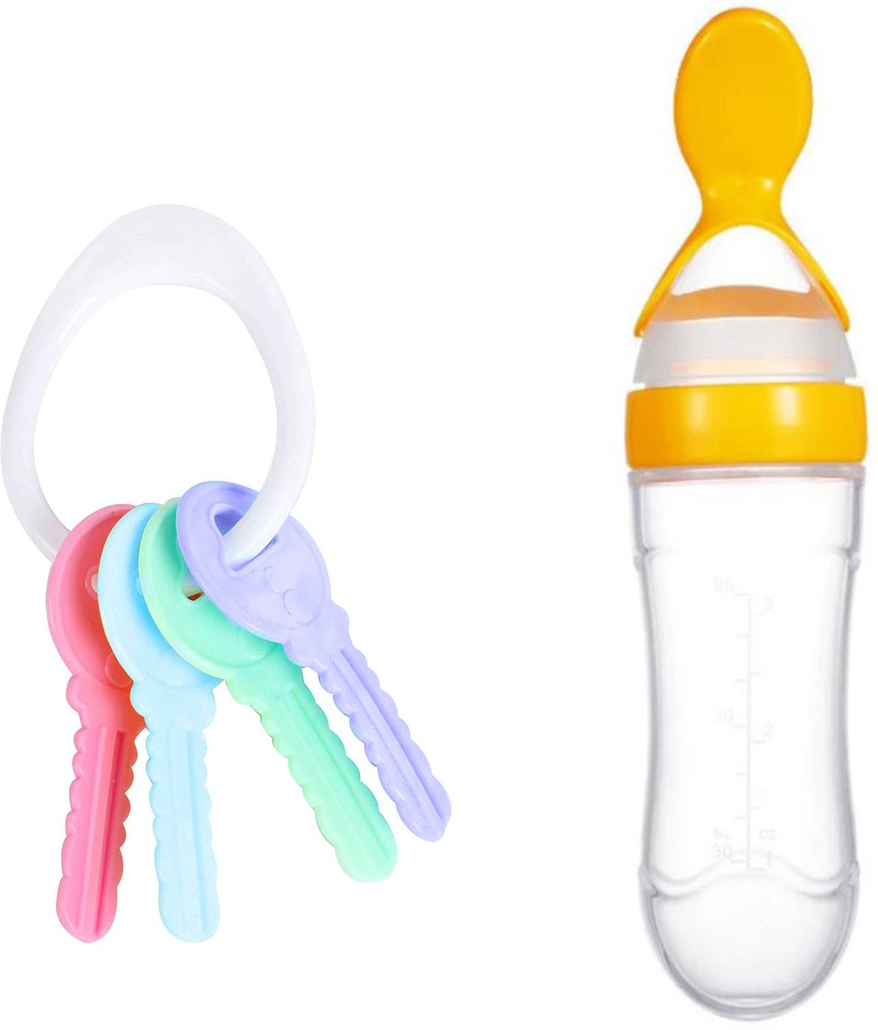 The Cheeky Kidzz Baby Silicone Squeezy Spoon Bottle Feeding Bottle & Baby Key Shped Rattle Teether and Feeder
