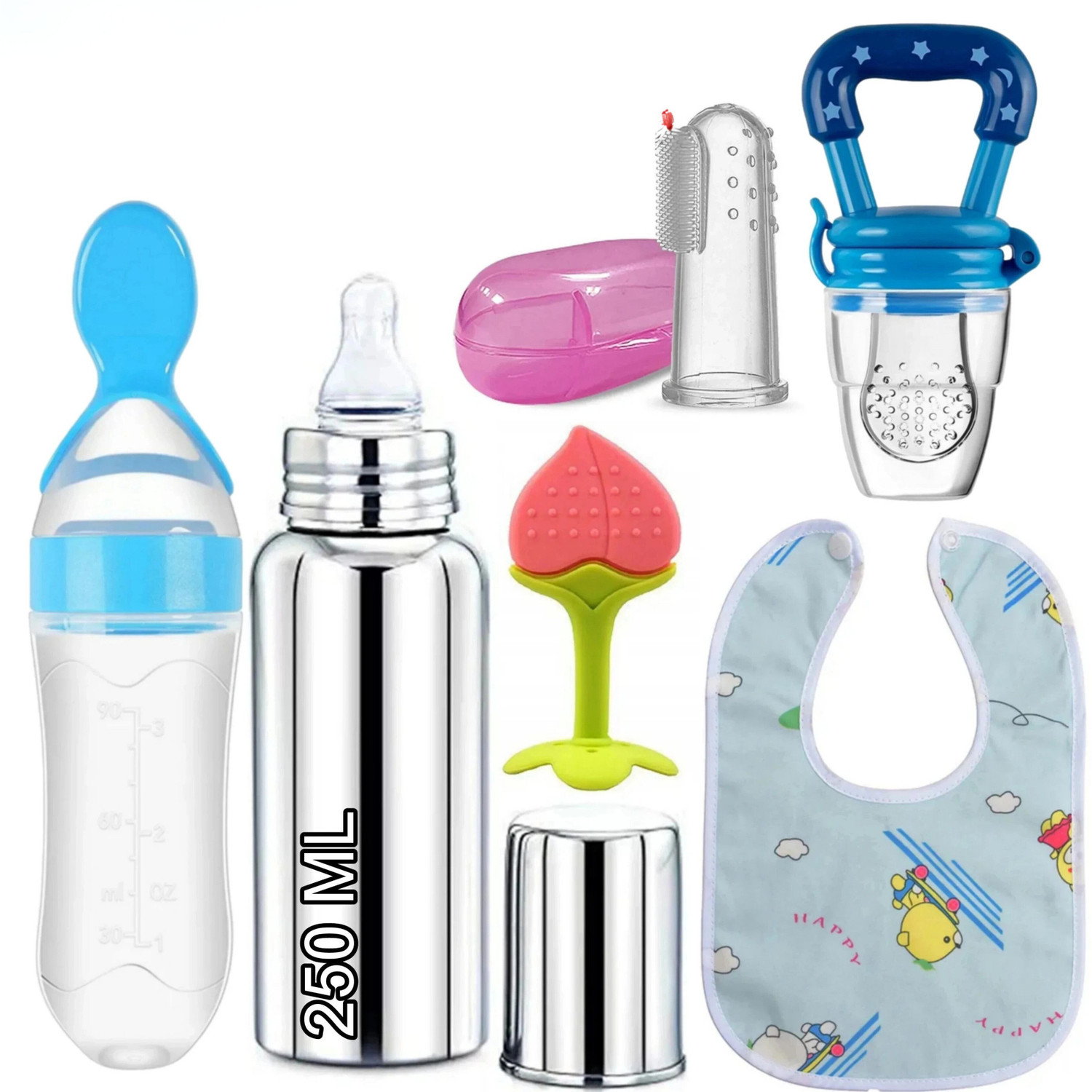 Image of Goyoku Steel Feeding Bottle, Spoon Bottle, Nibbler, Teether, bib, Finger brush Feeder