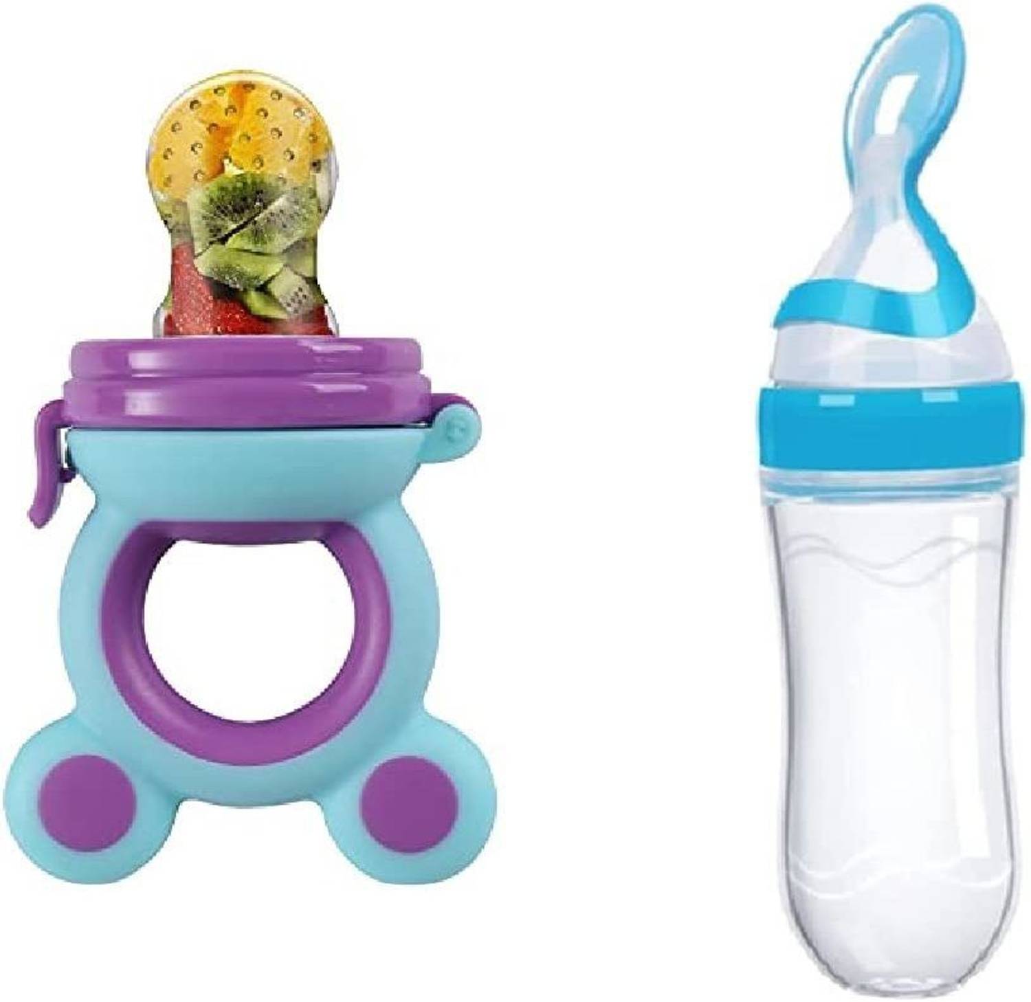 BabyGo Silicone Nibbler for Fruit Mickey with Solid Food with Spoon Feeding Bottle-90ml Teether and Feeder