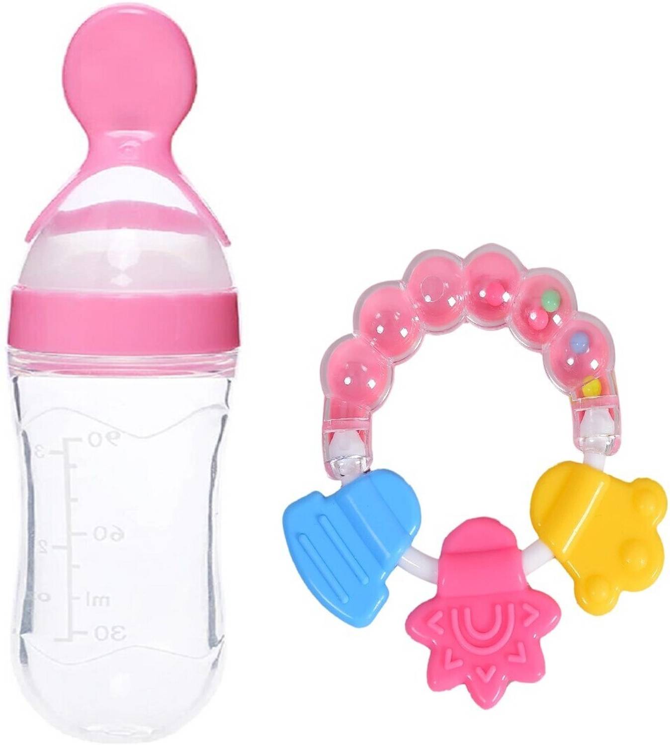 The Cheeky Kidzz Baby Soft Silicone Squeezy Spoon Bottle With Ring Shape Rattle Teething Toy Teether and Feeder