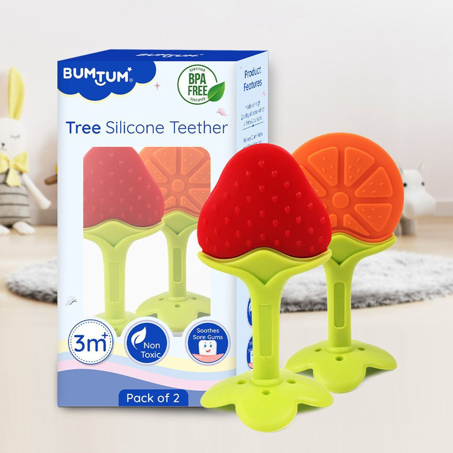 Image of BUMTUM Silicone Baby Teether for 6 to 12 Months, Organic Freezer Safe (Pack of 2) Teether