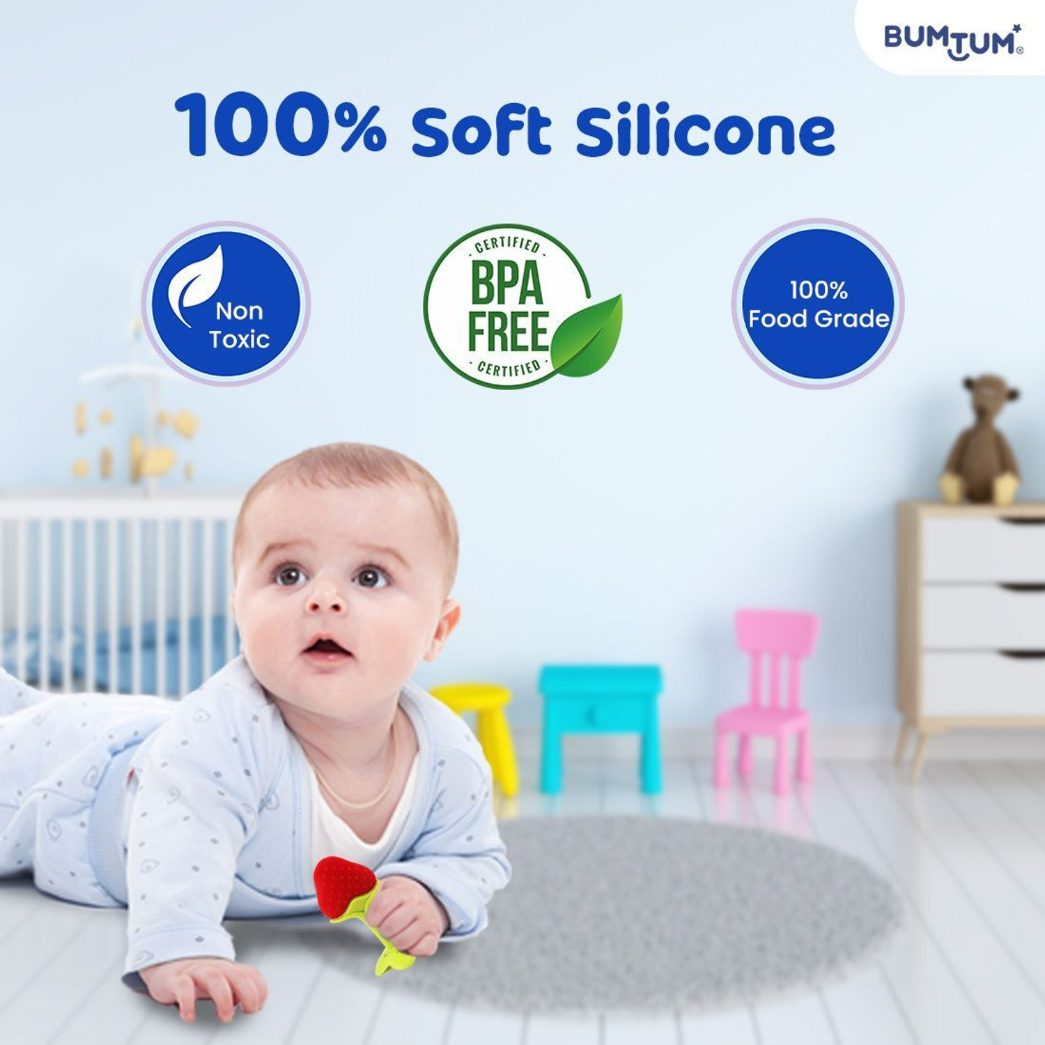 Image of BUMTUM Silicone Baby Teether for 6 to 12 Months, Organic Freezer Safe (Pack of 2) Teether
