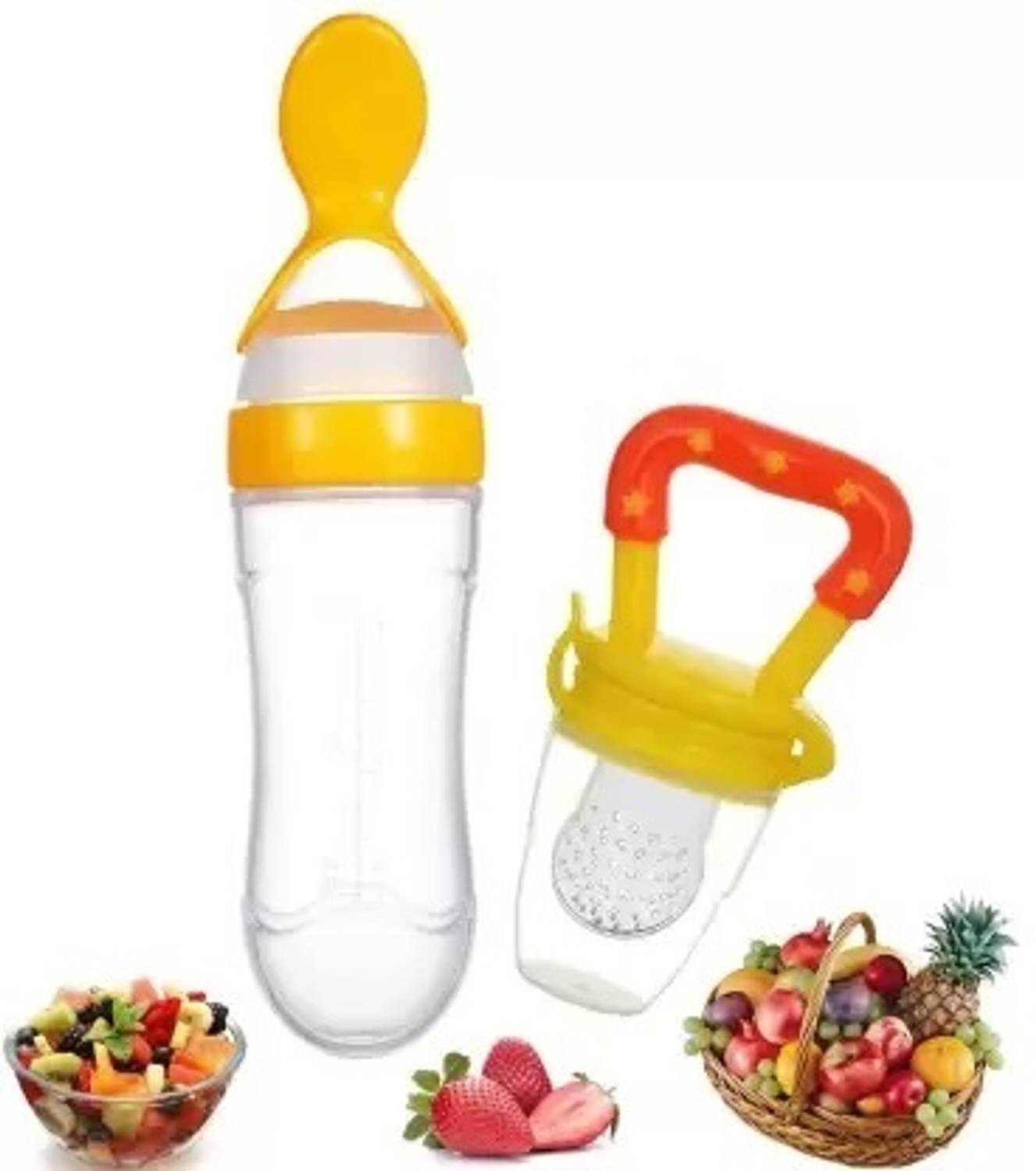 BabyGo Baby Silicone Squeeze Food Feeder Bottle with Food Nibbler Teething Pack of 2 Teether and Feeder