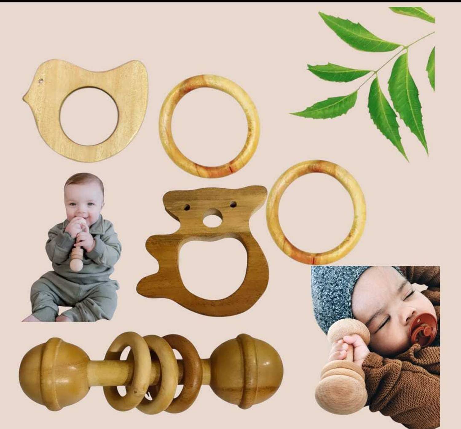 Aditya Creation Bany's First Toy Pure Natural Neem Wood Teething Toys Antibacterial Properties Teether and Feeder