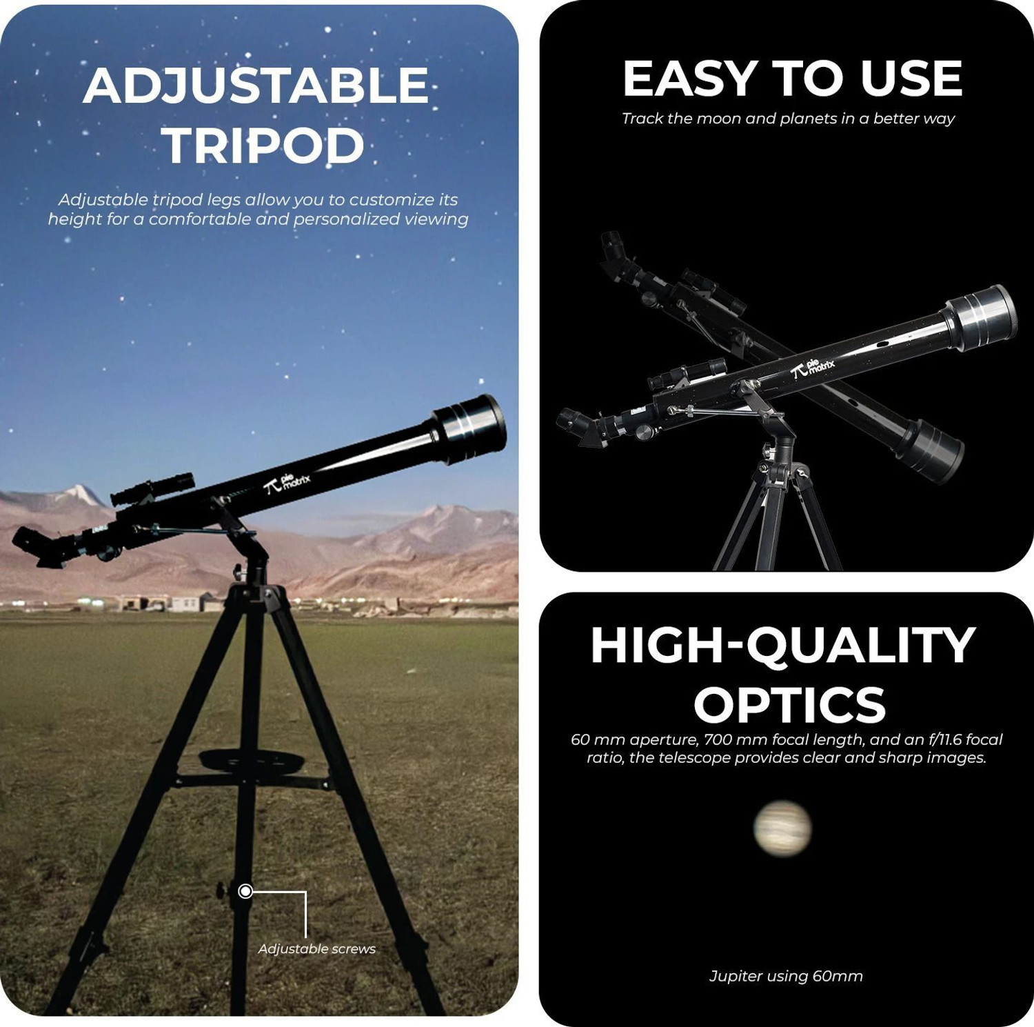 Image of Pie Matrix Phoenix 60700 Telescope 175x Zoom, Alt-Az Mount, View Moon & Planets-new Refracting Telescope