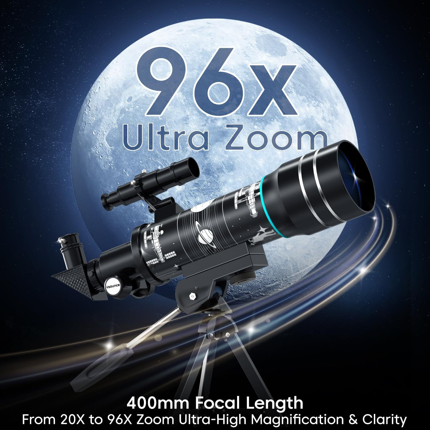 Image of sounce Astronomical Refractor Telescope 20x-96x Zoom, Alt-Az Mount, Sky Viewing Refracting Telescope