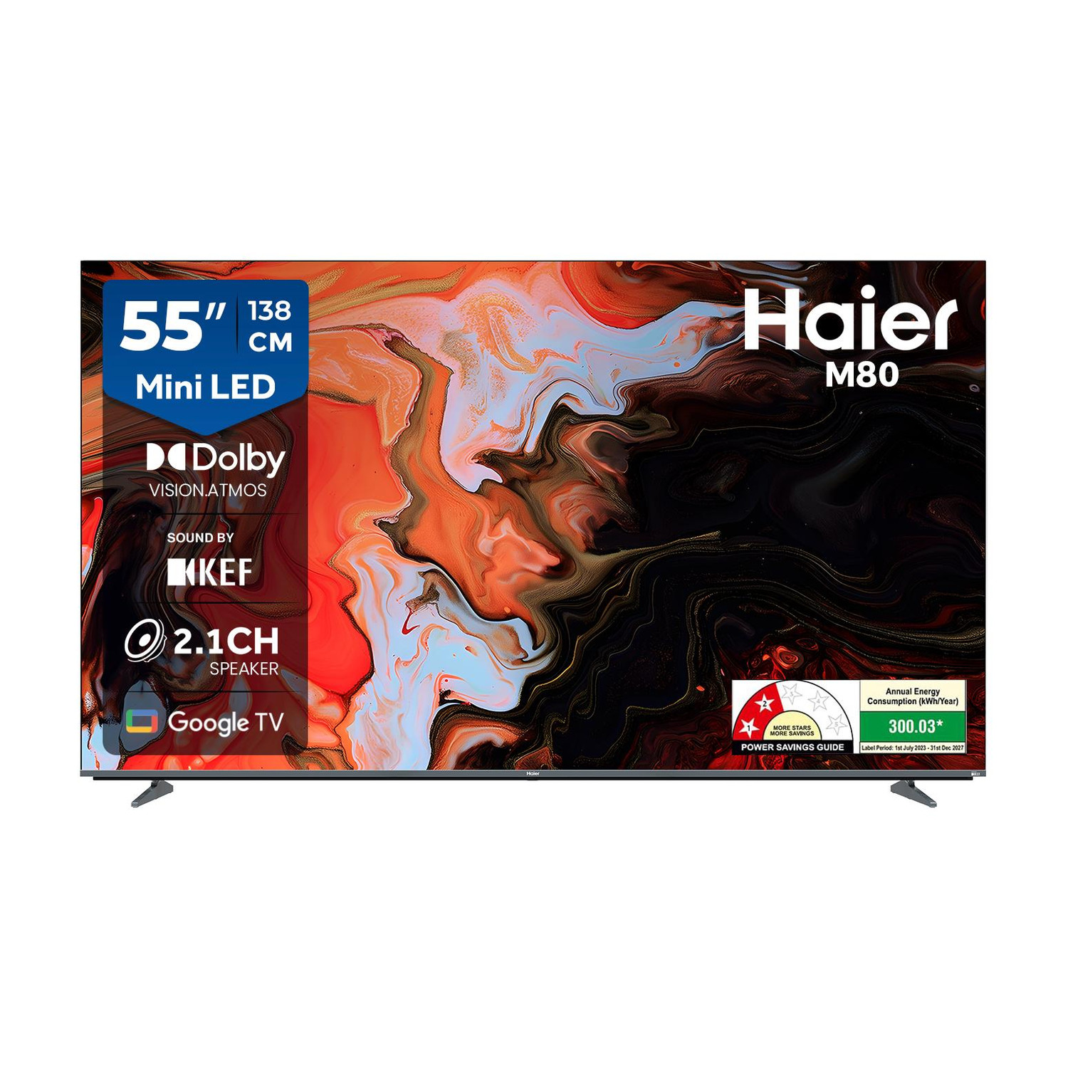 Image of Haier M80 139 cm (55 inch) Ultra HD (4K) Mini LED Smart Google TV with Dolby Vision, 2.1 Ch 50W Speaker with suboofer | Sound By KEF | Dolby Atmos , Solar remote