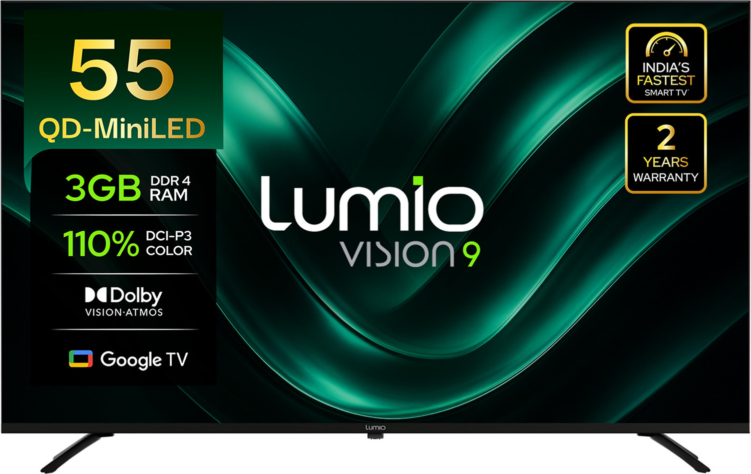 Image of Lumio Vision 9 139 cm (55 inch) Ultra HD (4K) Mini LED Smart Google TV 2025 Edition with 4K HDR Dolby Vision + Atmos 1000+ MiniLEDs and 900 Nits Peak Brightness Over 100% Colour India's Fastest Smart TV* with 3GB RAM