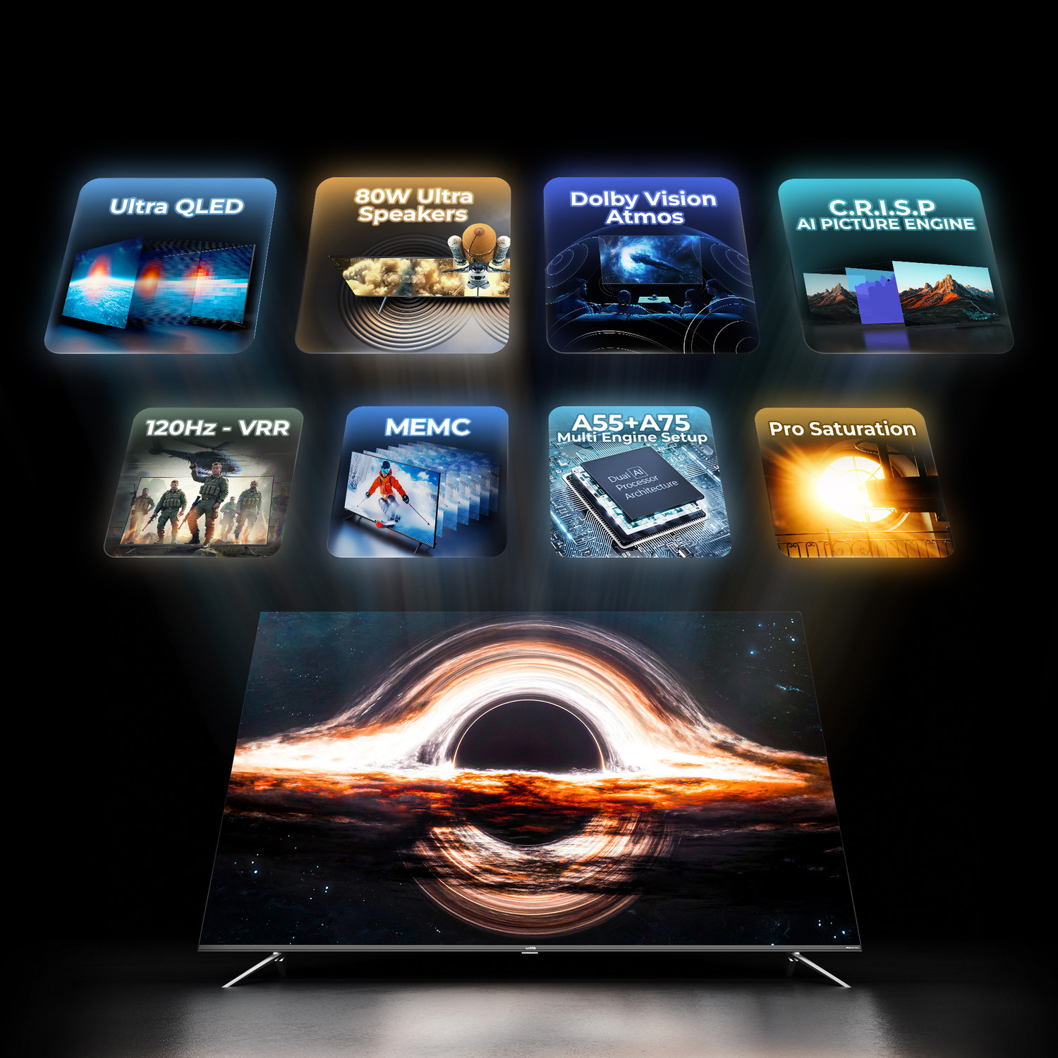 Image of Wobble X Series 138.7 cm (55 inch) QLED Ultra HD (4K) Smart Google TV with MEMC Dolby Vision| 80W Dolby Atmos| ALLM 120Hz VRR