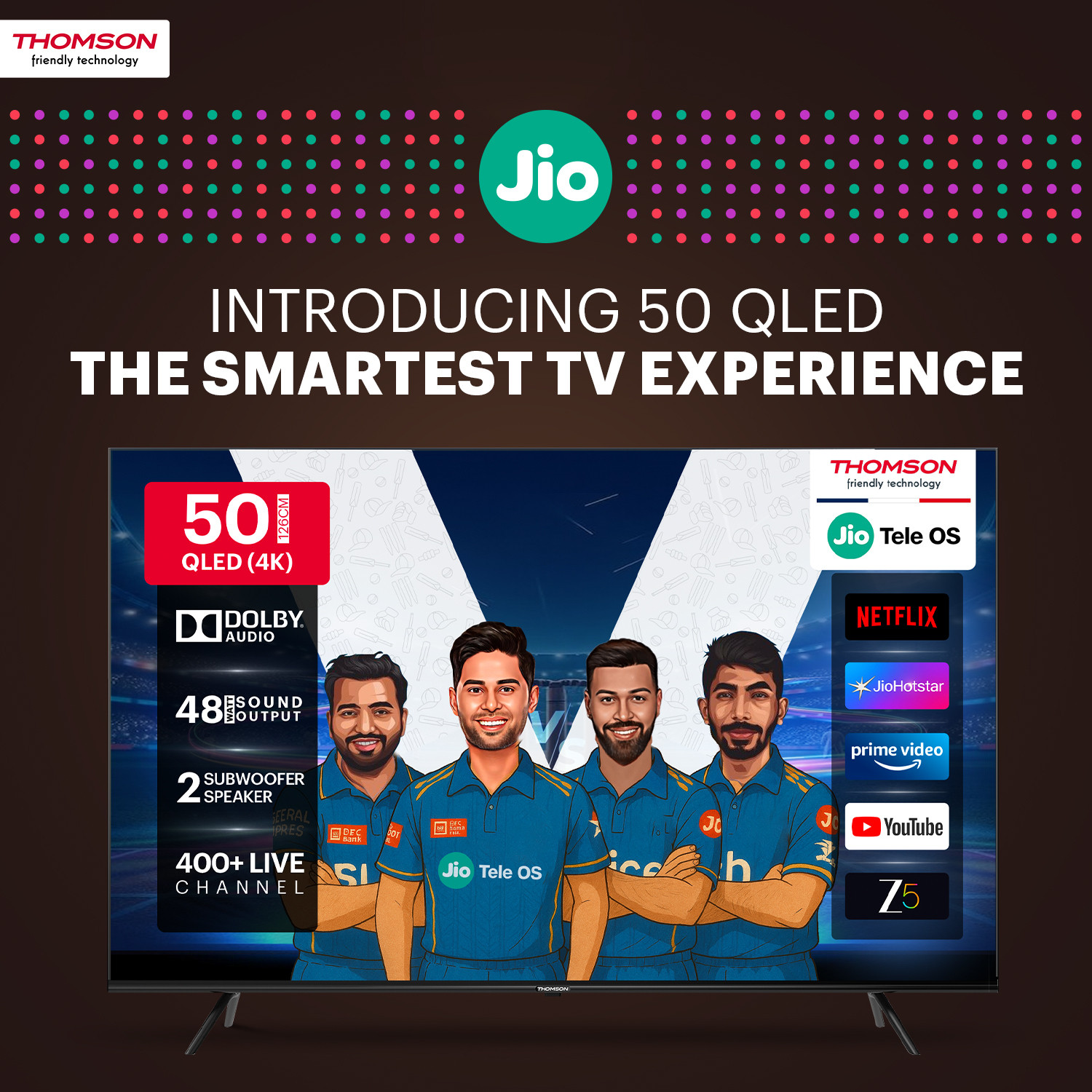 Image of Thomson 126 cm (50 inch) QLED Ultra HD (4K) Smart JioTele OS TV with 48W Sound Output | 2 Speaker | 450 Nits Brightness | Dolby Audio | Multilingual Voice Assistant | 300+ free live TV channels | 300+ JioGames | Web Browser | Sports Mode | Bezel Less Design