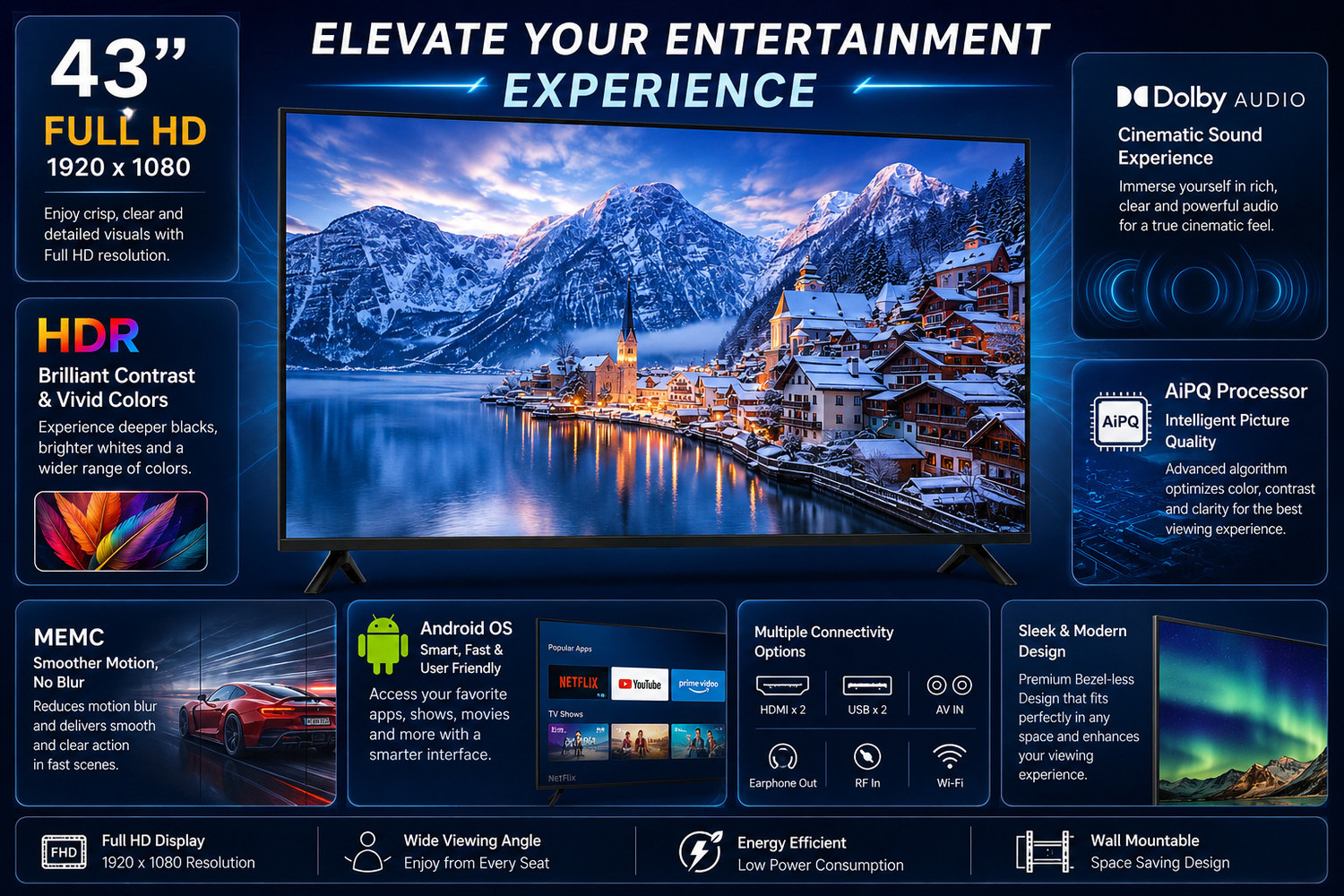 Image of jinis Android Series 109 cm (43 inch) QLED Full HD Smart Android TV 2026 Edition with Full HD Android TV with HDR, Dolby Audio and AiPQ Processor