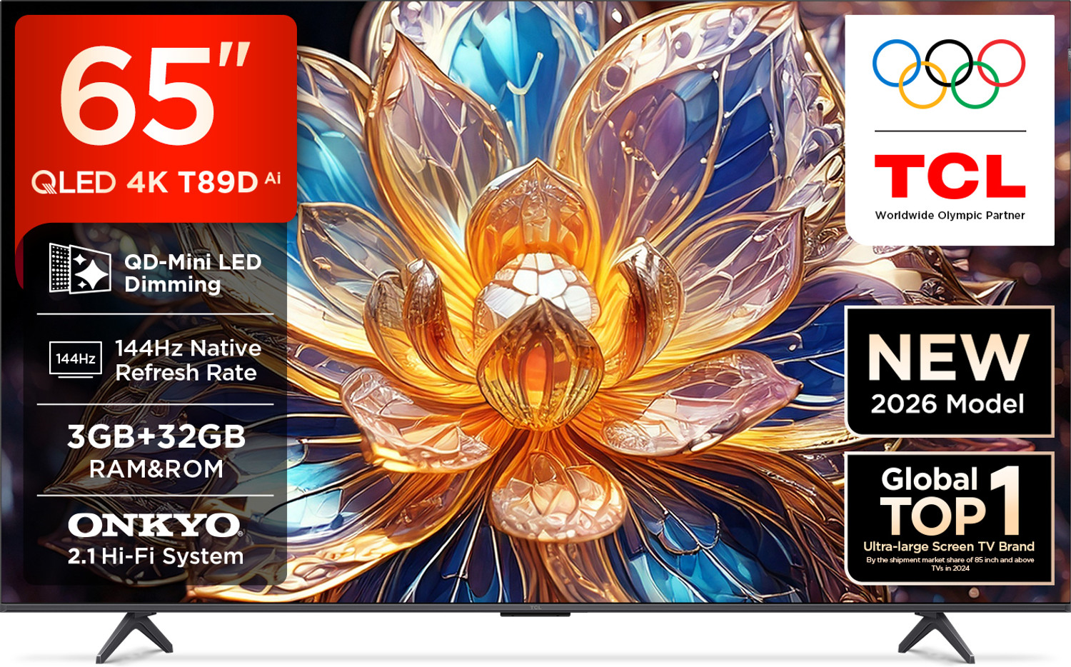 Image of TCL QD-Mini LED Dimming T89D 163.83 cm (65 inch) QLED Ultra HD (4K) Smart Google TV 2026 Edition with TCL Ai HVA Panel Dolby Vision- Atmos, 42W ONKYO 2.1 Hi-Fi System Native Refresh Rate 144Hz, DLG 288Hz MEMC 120 Hz