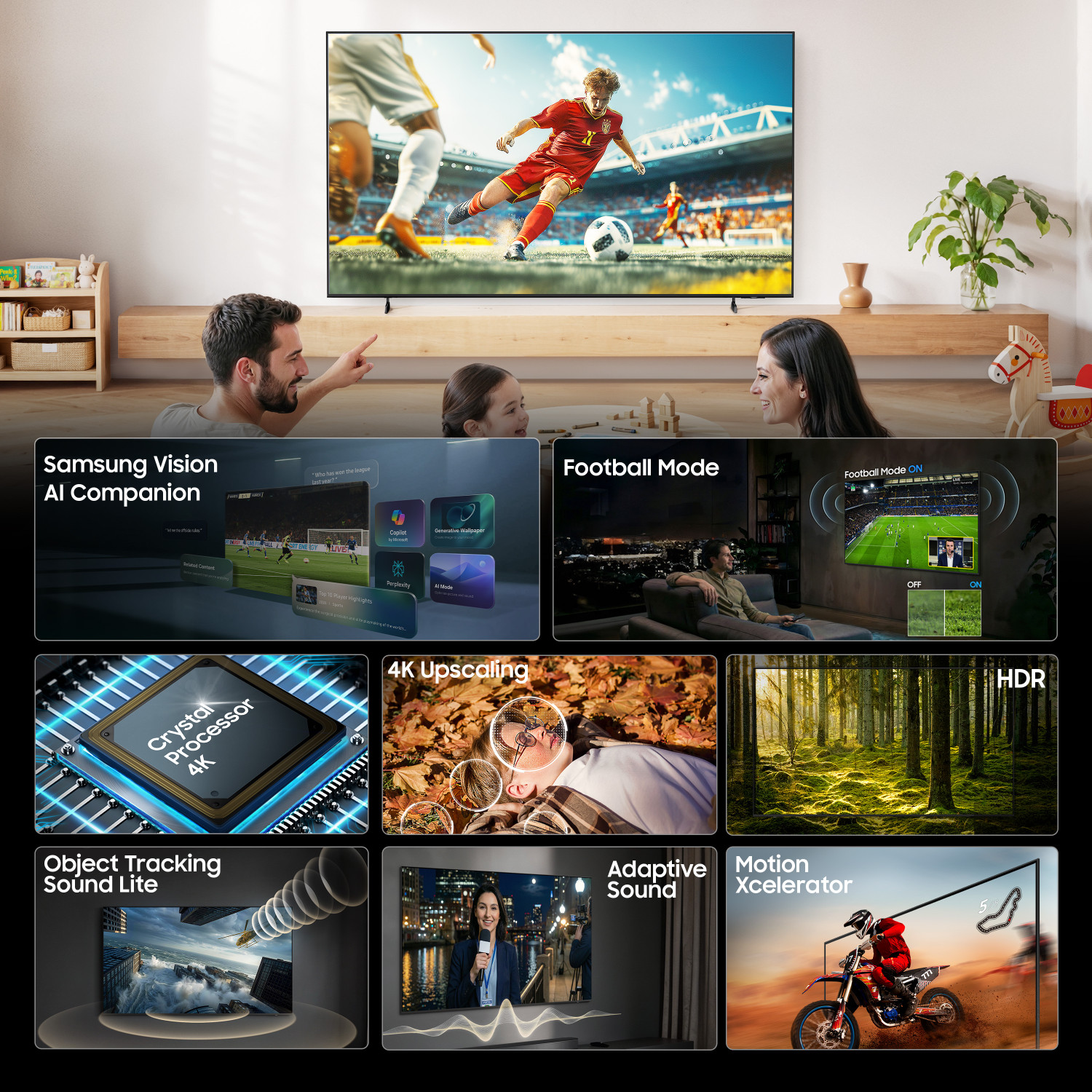 Image of Samsung Crystal 4K Vision AI 189 cm (75 inch) Ultra HD (4K) LED Smart Tizen TV 2026 Edition with �4K Upscaling HDR 10+ Football Mode Voice Assistance Remote Control PurColor Metal Stream Design Samsung Knox Security 150+ Free Channels