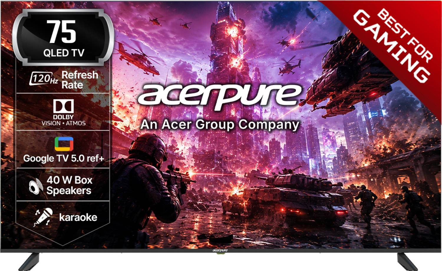 acerpure NITRO 189.2 cm (75 inch) QLED Ultra HD (4K) Smart Google TV with 120 Hz GTV 5.0 ,Android 14 ,Dolby Vision & Dolby Atmos,40W Sound,Tuner,Wi-Fi Direct,ALLM ,VRR,MEMC,Karaoke,AI,Gaming ,Wall Mount (AP75UG75PNTO5) — image 1 of 5