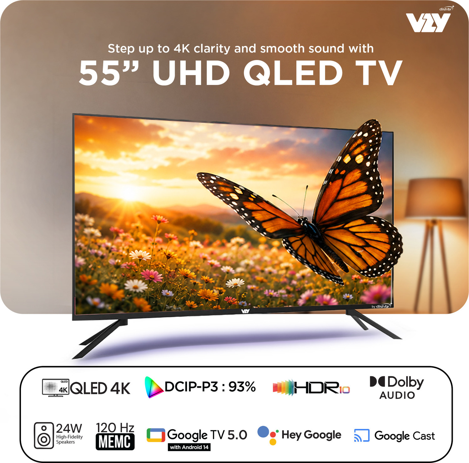 Image of VZY by DishTV A-Series 140 cm (55 inch) QLED Ultra HD (4K) Smart Google TV with 3-Year Premium Bundled Content Offering (200+DTH Channels & 18+OTTs- Jio Hotstar, Sony Liv, Z5..) 3 Years WarrantyMEMC 120 HzHDR10ALLM 2GB RAM, 32GB Storage24W Speaker Dolby AudioVoice Assistant Remote Googlecast Built-in