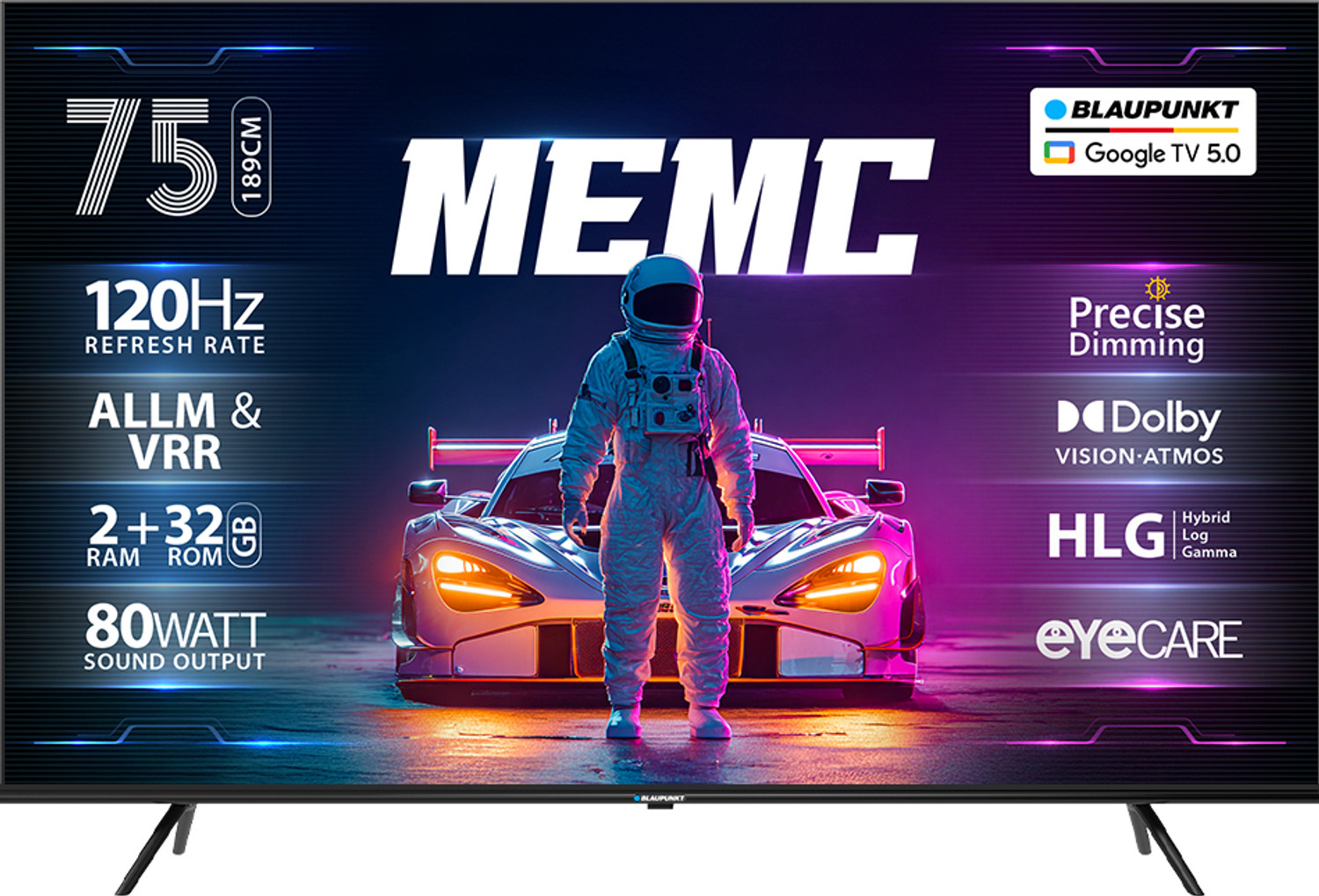 Image of Blaupunkt 189 cm (75 inch) QLED Ultra HD (4K) Smart Google TV with 80W Sound Output | 4 Speaker | 550 Nits Brightness | Precise Dimming | HDR10+ | Dolby Atmos | Dolby Vision | 120 Hz Refresh Rate | HLG | ALLM & VRR | Eyecare | Google Assistant | Bezel Less Design