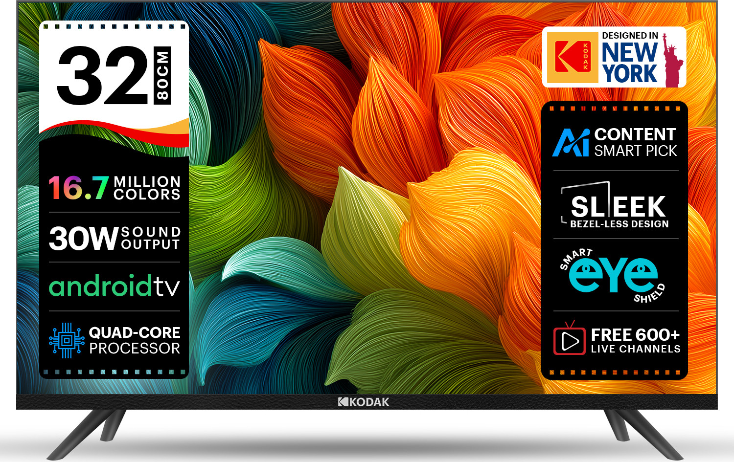 Image of KODAK 9X Series 80 cm (32 inch) HD Ready LED Smart Android TV with 2 Speakers, 30 Watts Sound Output , Quad-Core Processor , Smart Shield Eye, Free 600+ Live Channels , Bezel-Less Display