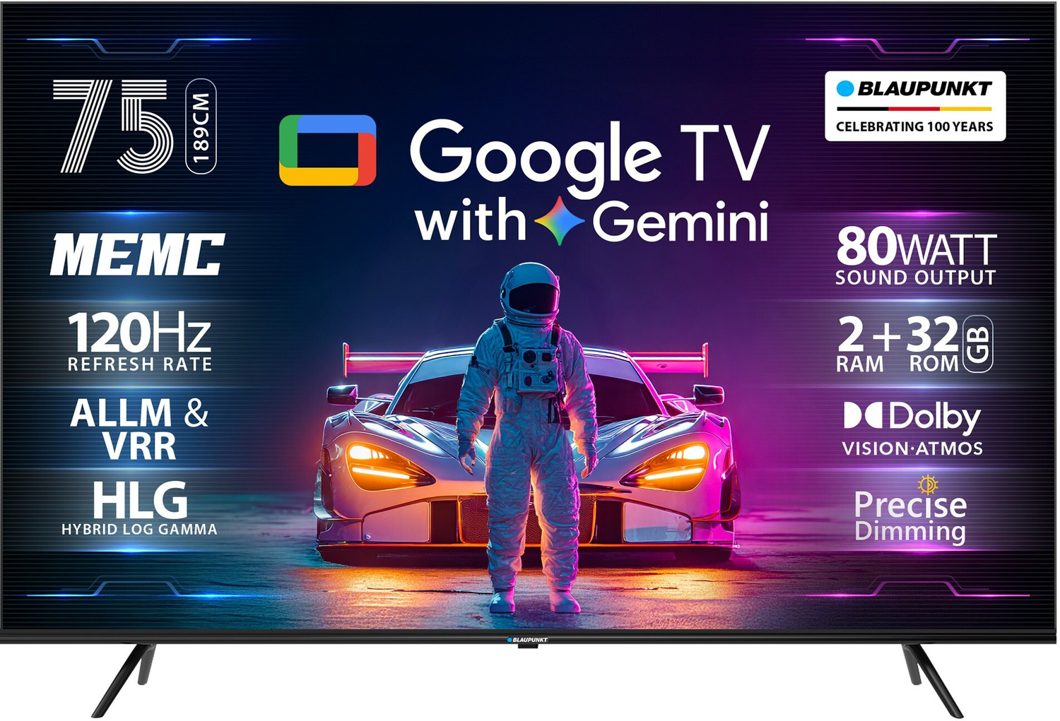 Image of Blaupunkt 189 cm (75 inch) QLED Ultra HD (4K) Smart Google TV with Gemini , MEMC , Dolby Vision - Atmos , 80W Sound Output , 4 Speaker , 550 Nits Brightness , Precise Dimming , HDR10+ , 120 Hz Refresh Rate , HLG , ALLM & VRR , Eyecare , Google Assistant , Bezel Less Design