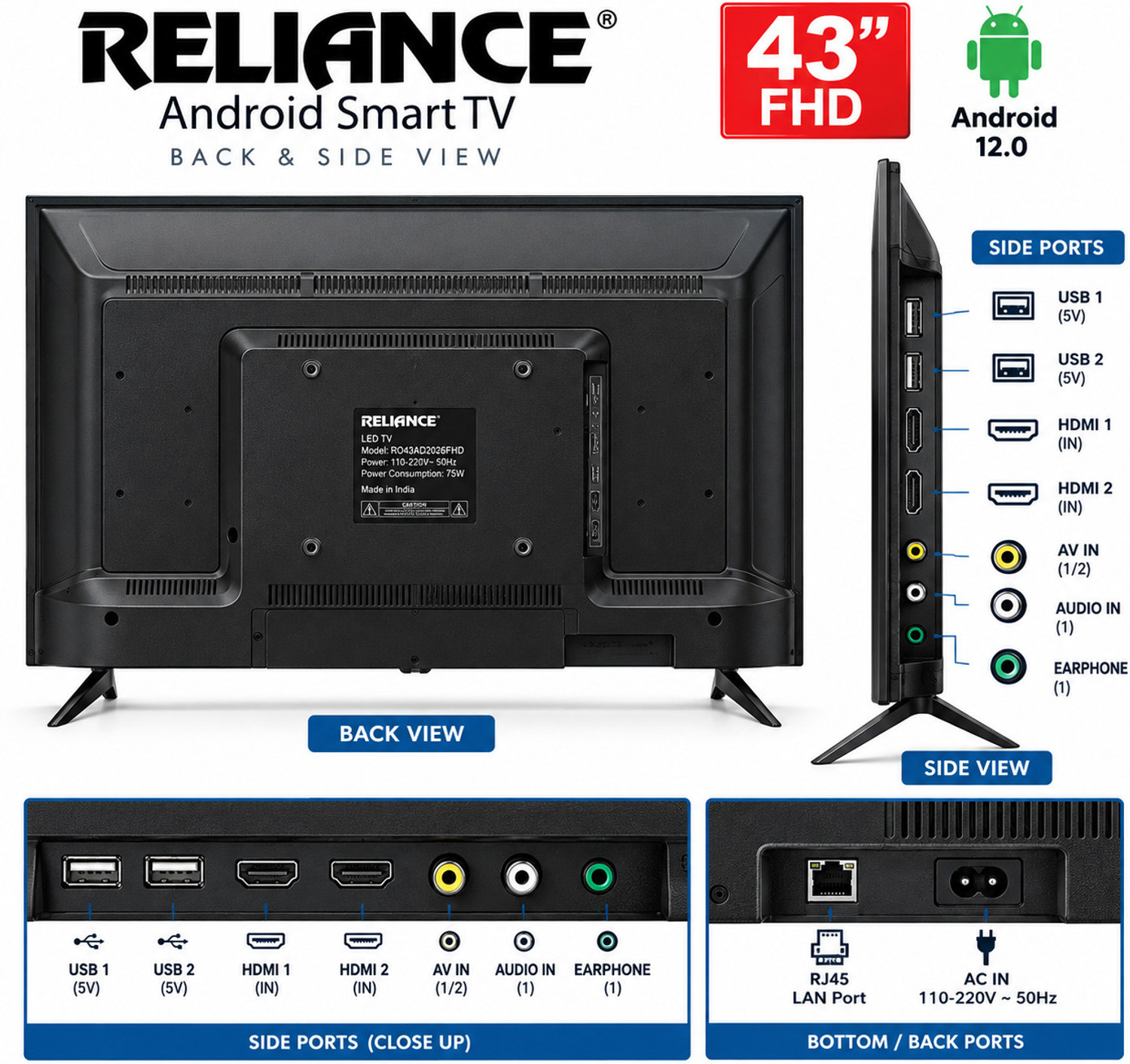 Image of Reliance 108 cm (43 inch) Full HD LED Smart Android TV 2026 Edition with Full HD 1920x1080 Display | 4 Core CPU | 1GB RAM + 8GB Storage | Wi-Fi 2.4G /5G | Bluetooth | Voice Remote | HDMI & USB | 2 USB ports, 2 HDMI inputs, 2 AV inputs, 1 Audio In and 1 Earphone output (RO43AD2026FHD)