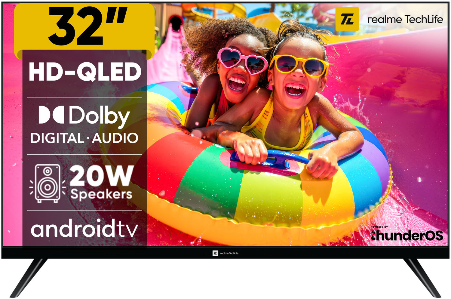 Image of realme TechLife 80 cm (32 inch) QLED HD Ready Smart Android TV with Thunder OS, Live TV, Netflix, 100+ Apps, 20W Speakers, 300 Nits Brightness, Bezel-less Design
